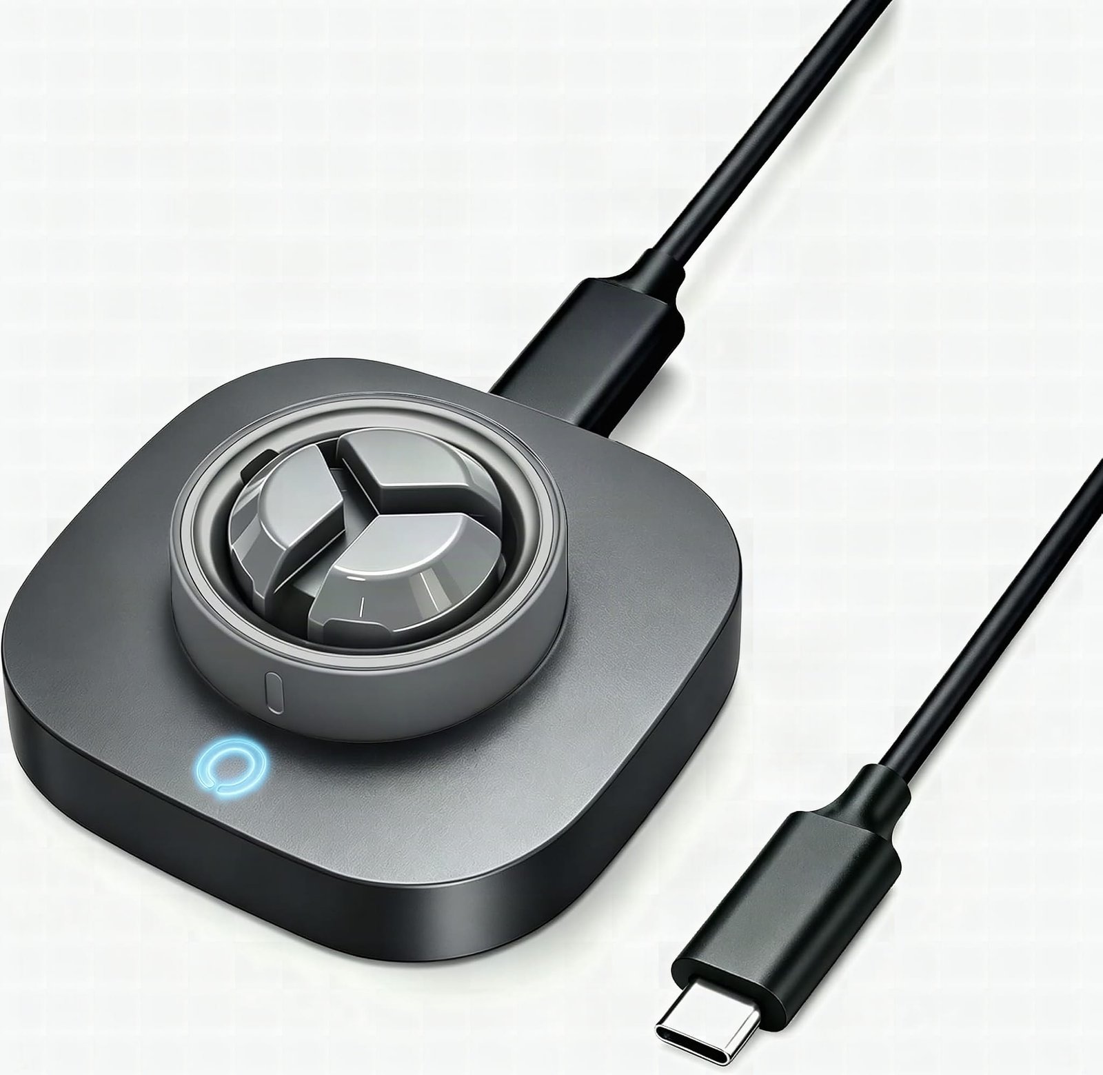 Macro close-up of Oura Ring Gen 4 charging dock with Type-C cable connection detail and metal contact pins