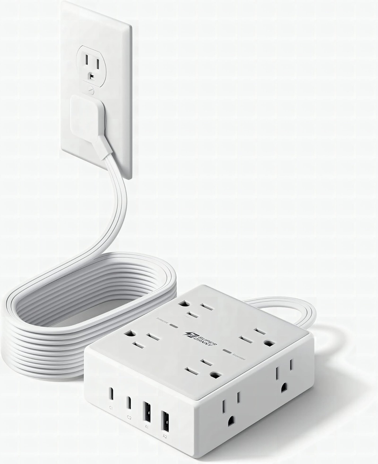 Macro close-up of SUPERDANNY surge protector showing USB-C and AC outlet ports with glowing indicator light