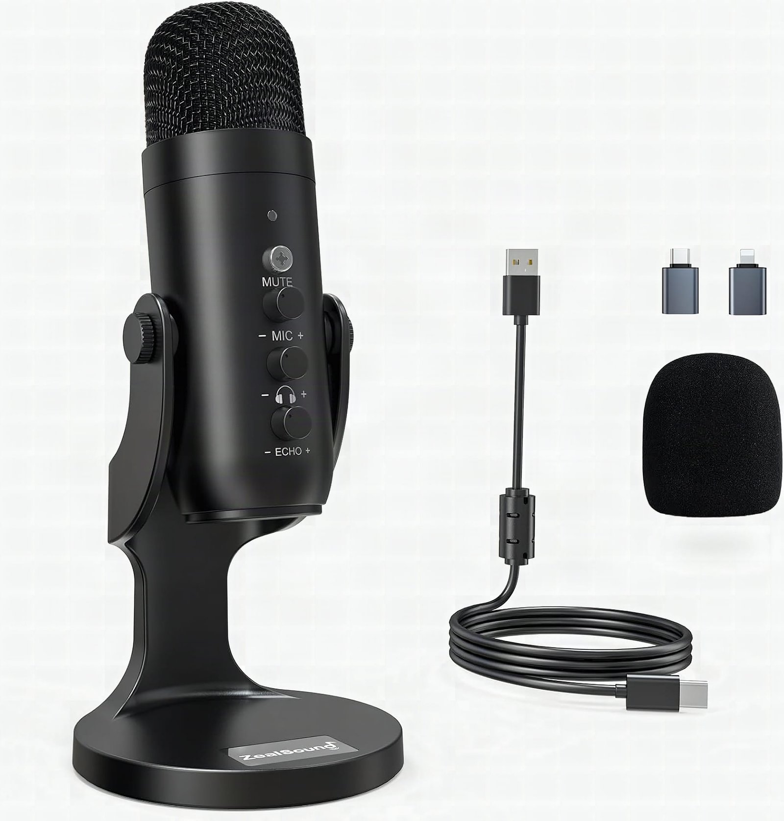 Close-up of ZealSound microphone showing metal mesh grille and control knob with warm lighting