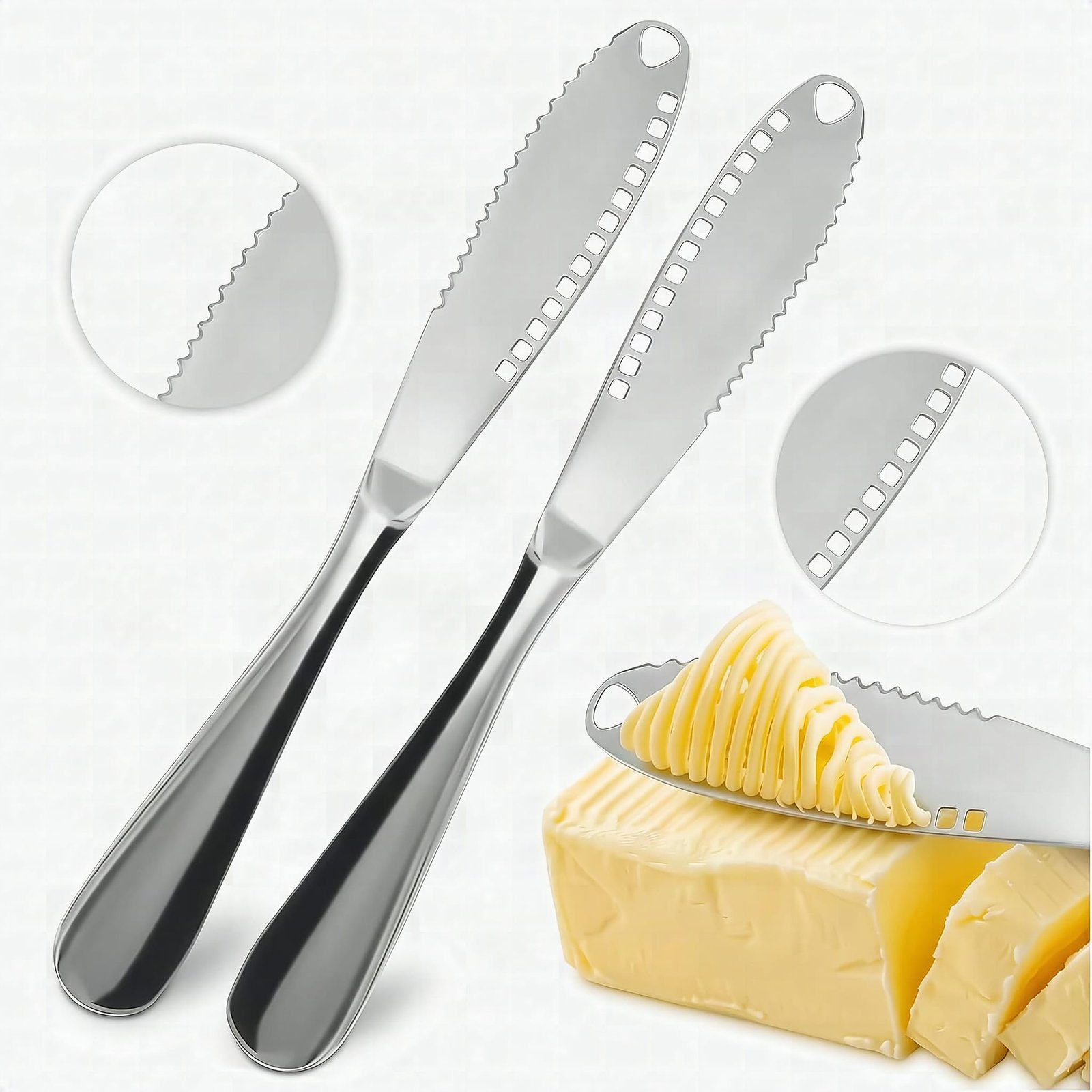 Macro close-up of a stainless steel butter knife spreader showing the serrated blade edge and polished metal finish