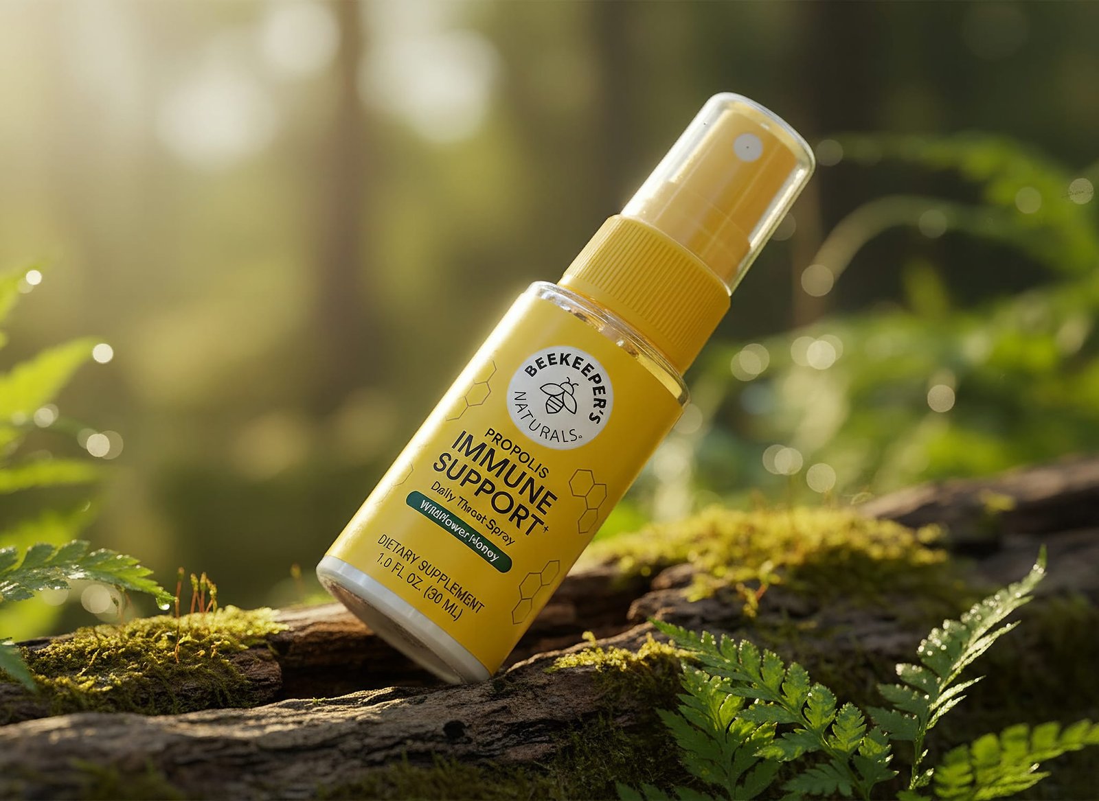 Golden propolis throat spray bottle in extreme close-up with shallow focus, showing liquid detail