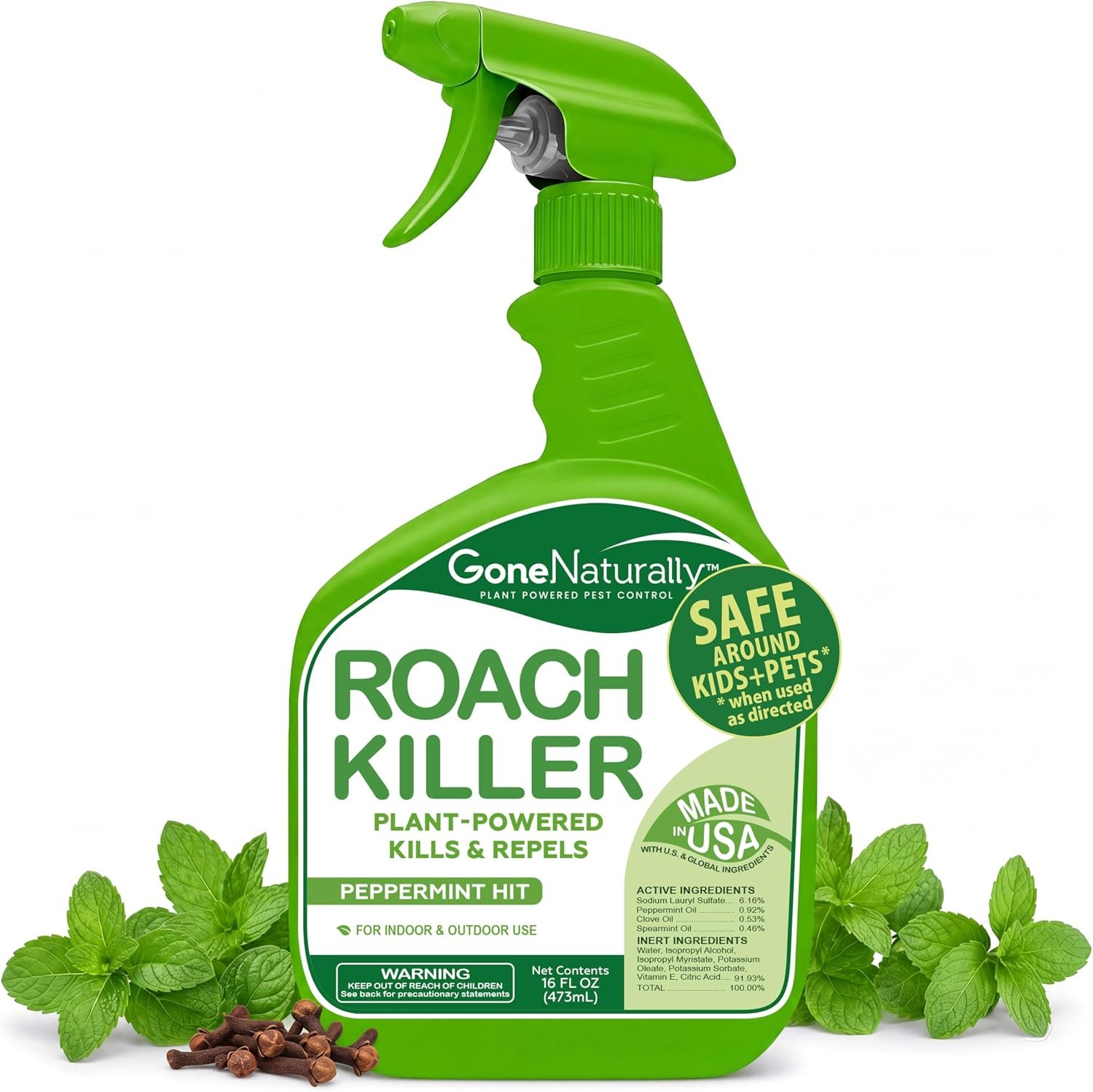 Roach killer spray bottle displayed on a home kitchen shelf with other household items and natural daylight