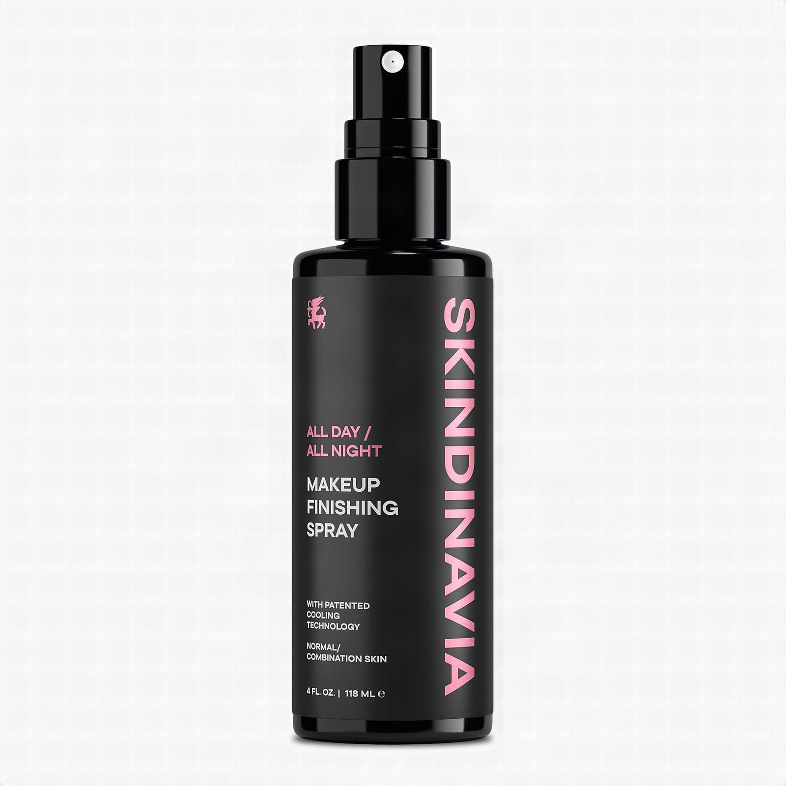 Macro close-up of Skindinavia setting spray bottle showing spray nozzle and product details with shallow focus