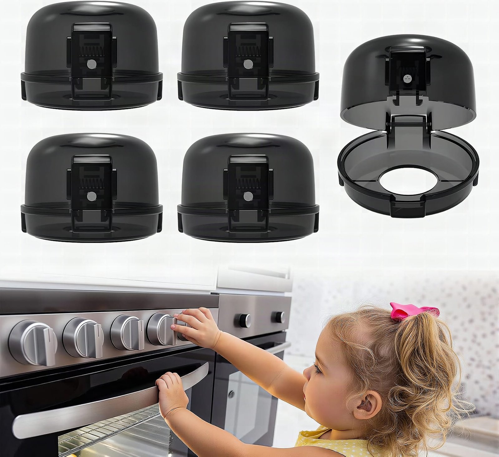 Five silicone stove knob safety covers fanned to show textured grip surface and inner design detail in close-up