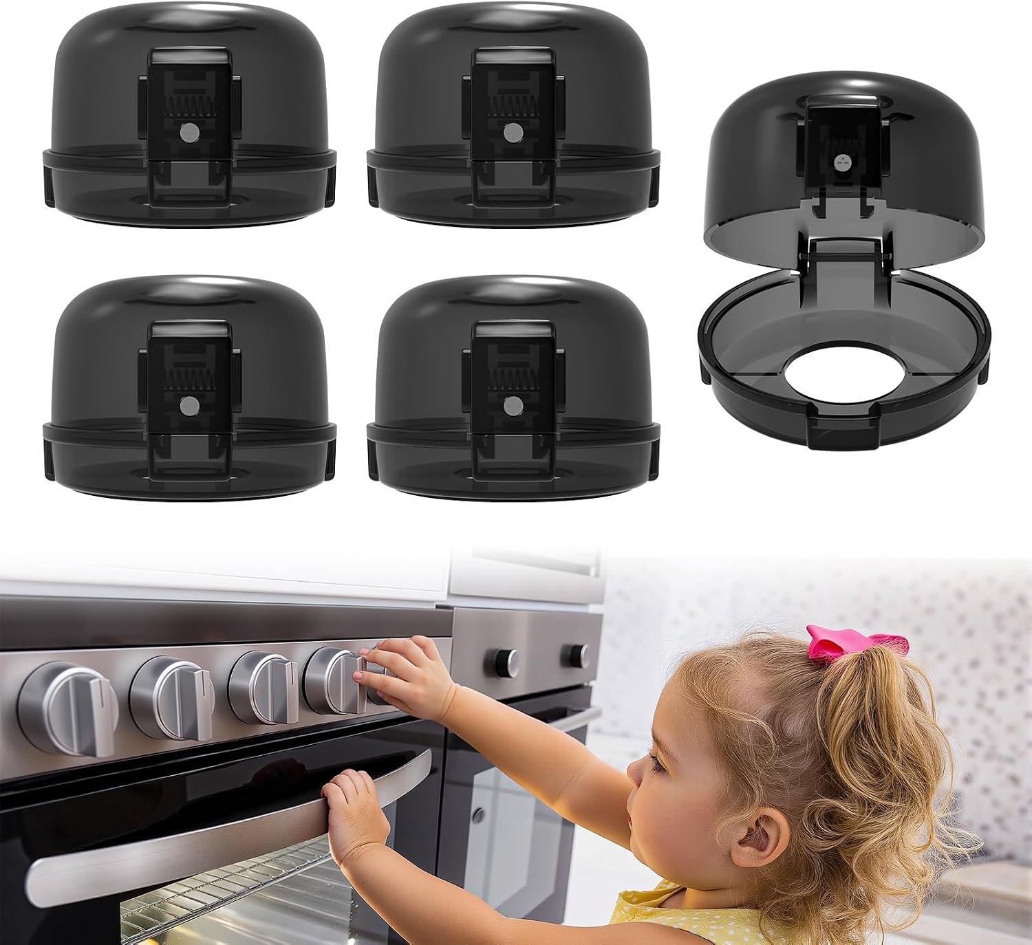 Kitchen stovetop with four installed stove knob covers in various colors, surrounded by typical cooking items and clutter