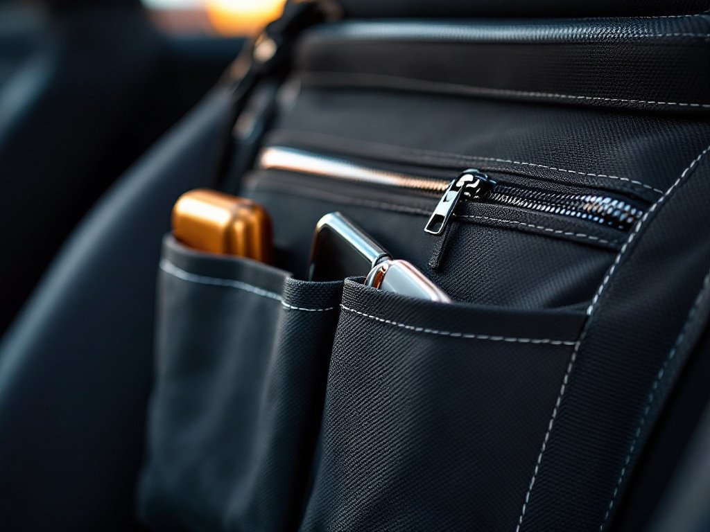 Close-up of Tidify organizer's zippered pocket detail with stitching visible