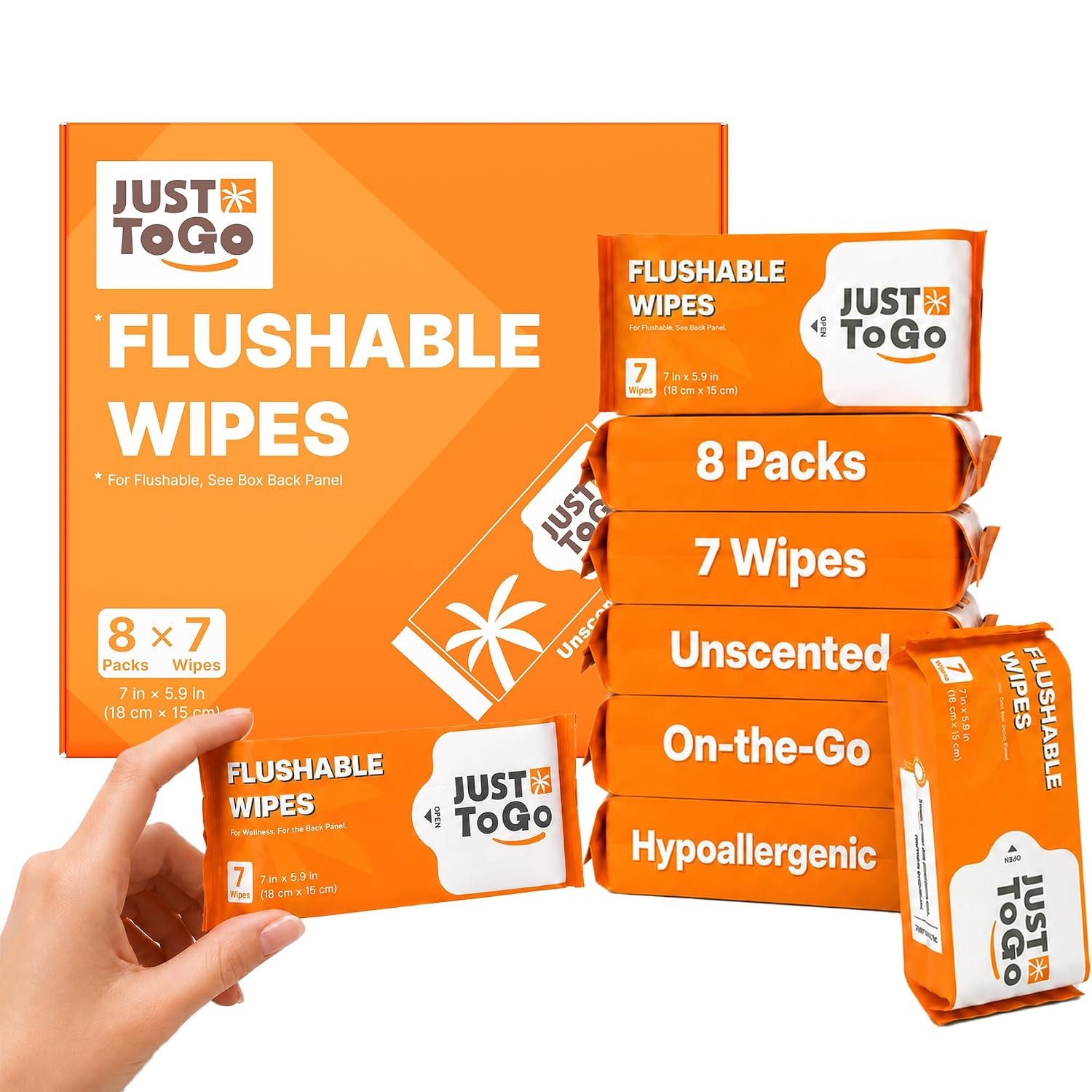 Flushable wipes pocket pack displayed on a bathroom counter with sink and bathroom accessories in the background