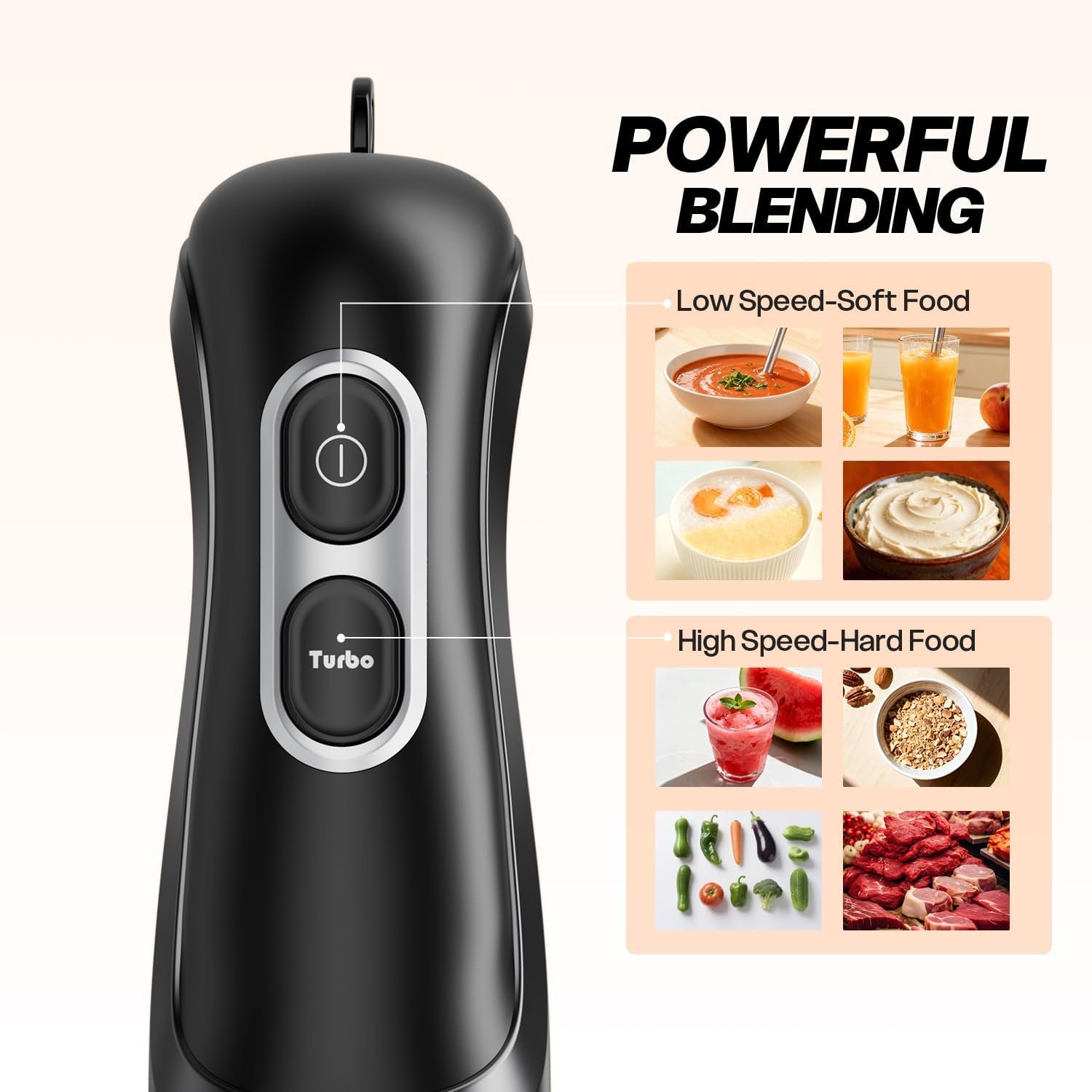 Macro close-up of Turelar immersion blender's metal blending head and motor body with speed controls in sharp focus