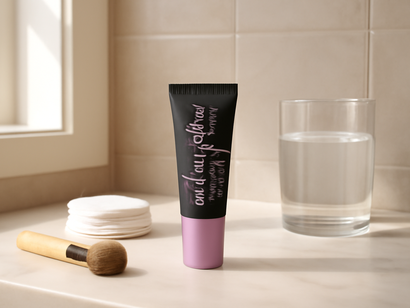 All Nighter primer on bathroom vanity shelf with cotton rounds and brush, morning natural light