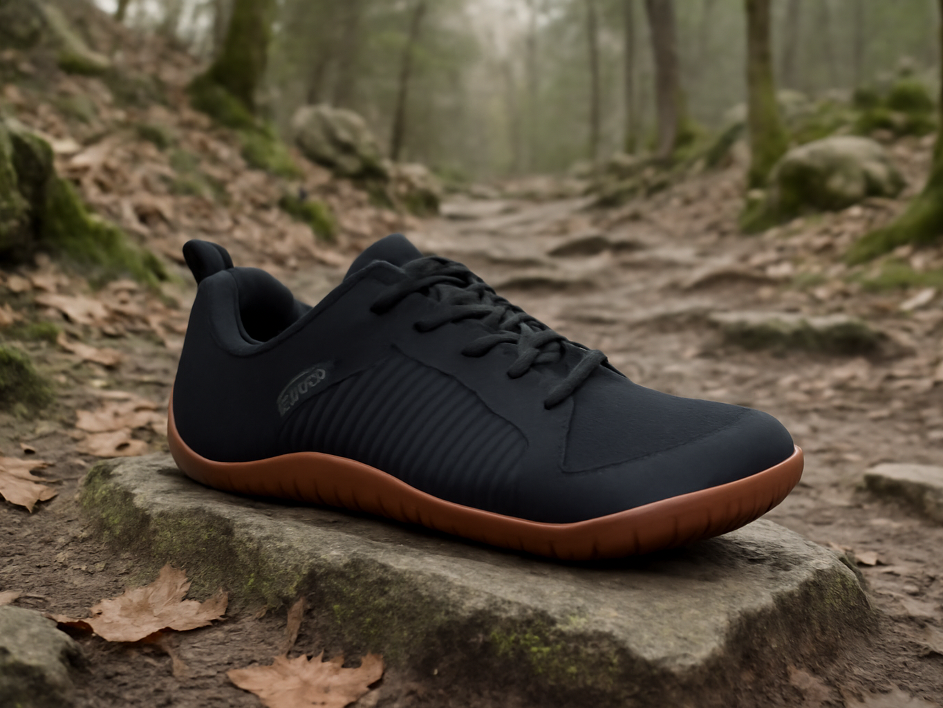 WHITIN W51 trail shoe resting on a moss and leaf-covered forest path with natural woodland surroundings
