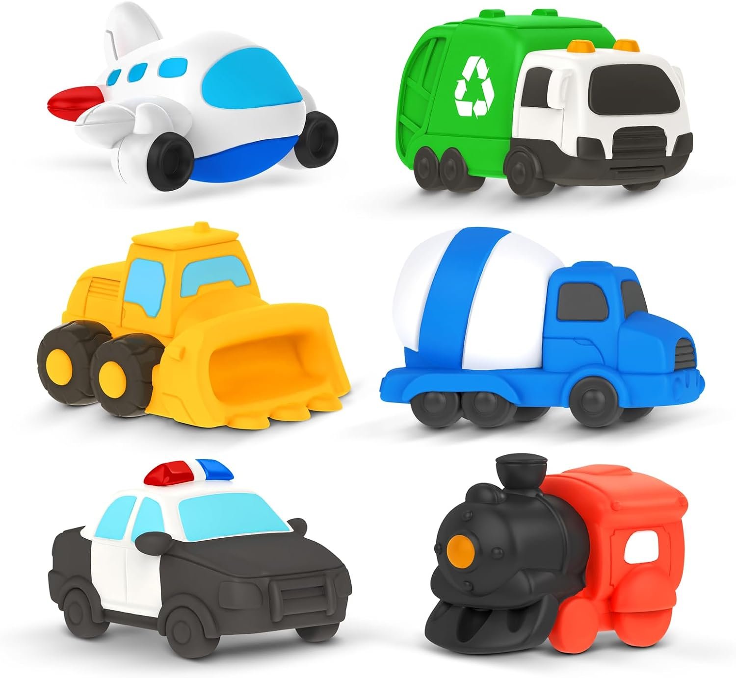 Six mold-free vehicle-shaped bath toys in bright colors clustered together in macro detail