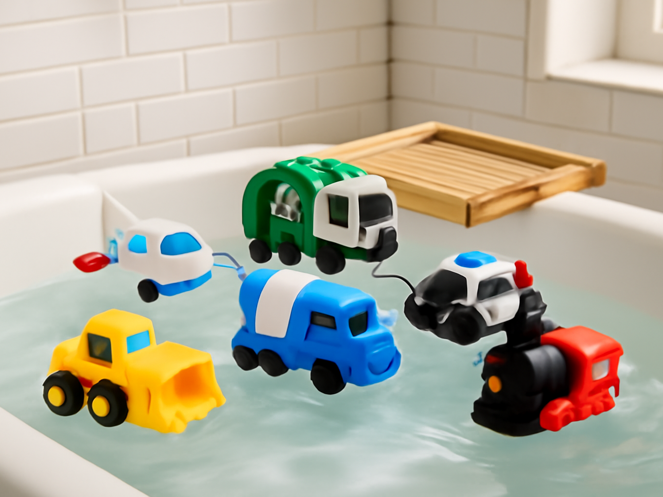 Zippytots bath toys floating in a bathtub surrounded by a bright, modern bathroom setting