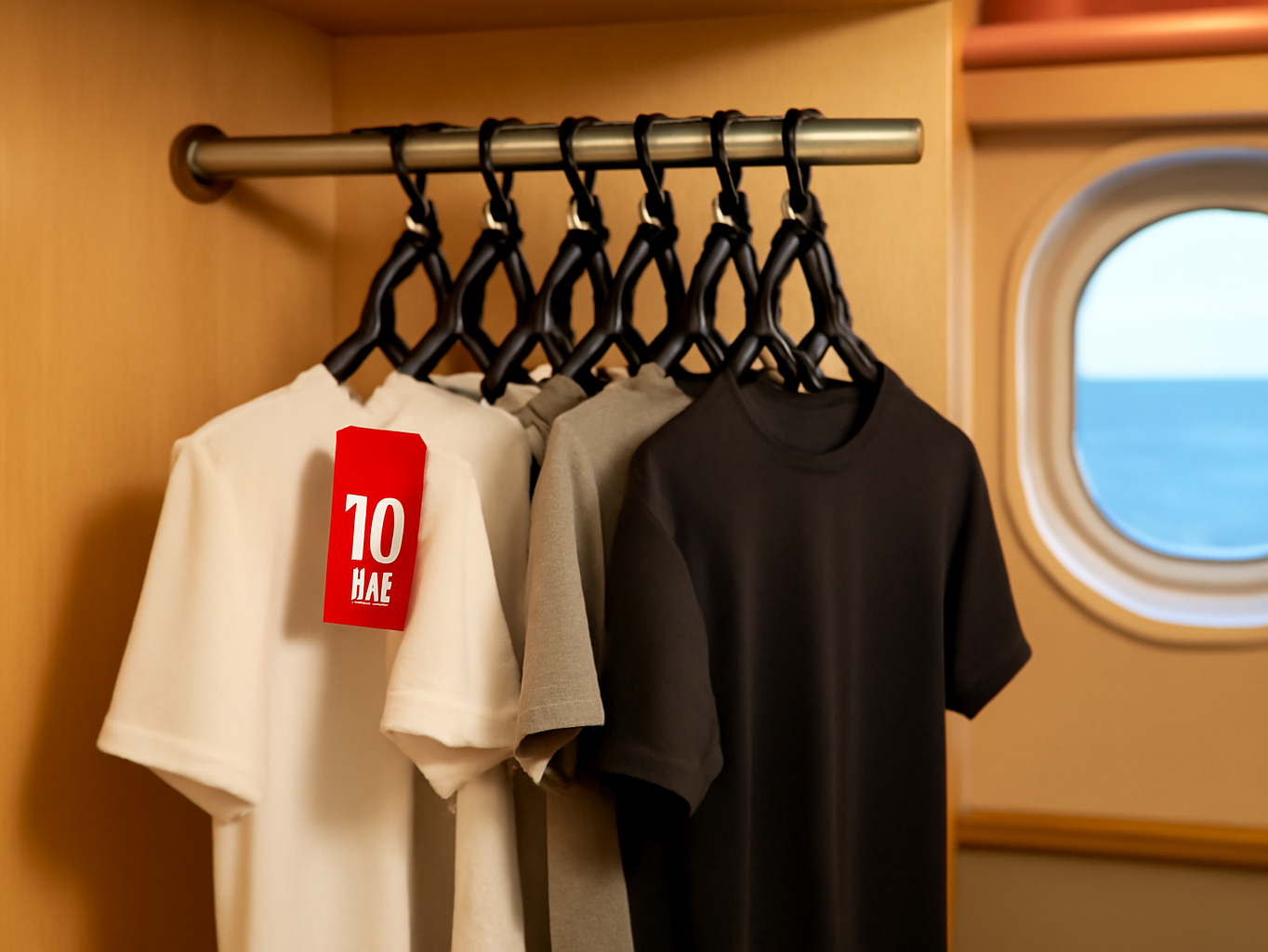 Ten black foldable hangers densely packed on a cruise ship cabin closet rod with porthole window visible