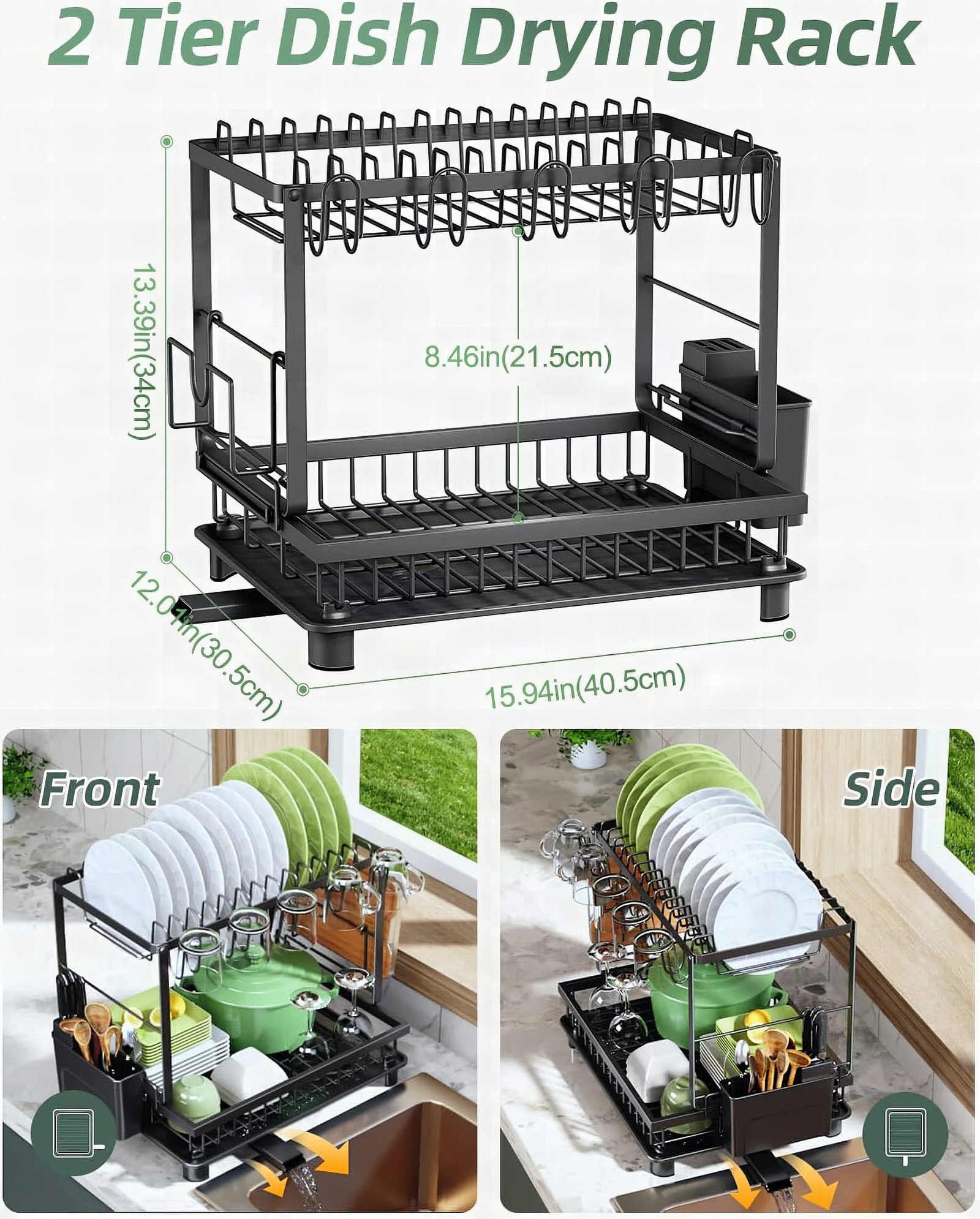 Close-up of the black dish drying rack's top tier showing wire grid slots with water droplets and metallic shine
