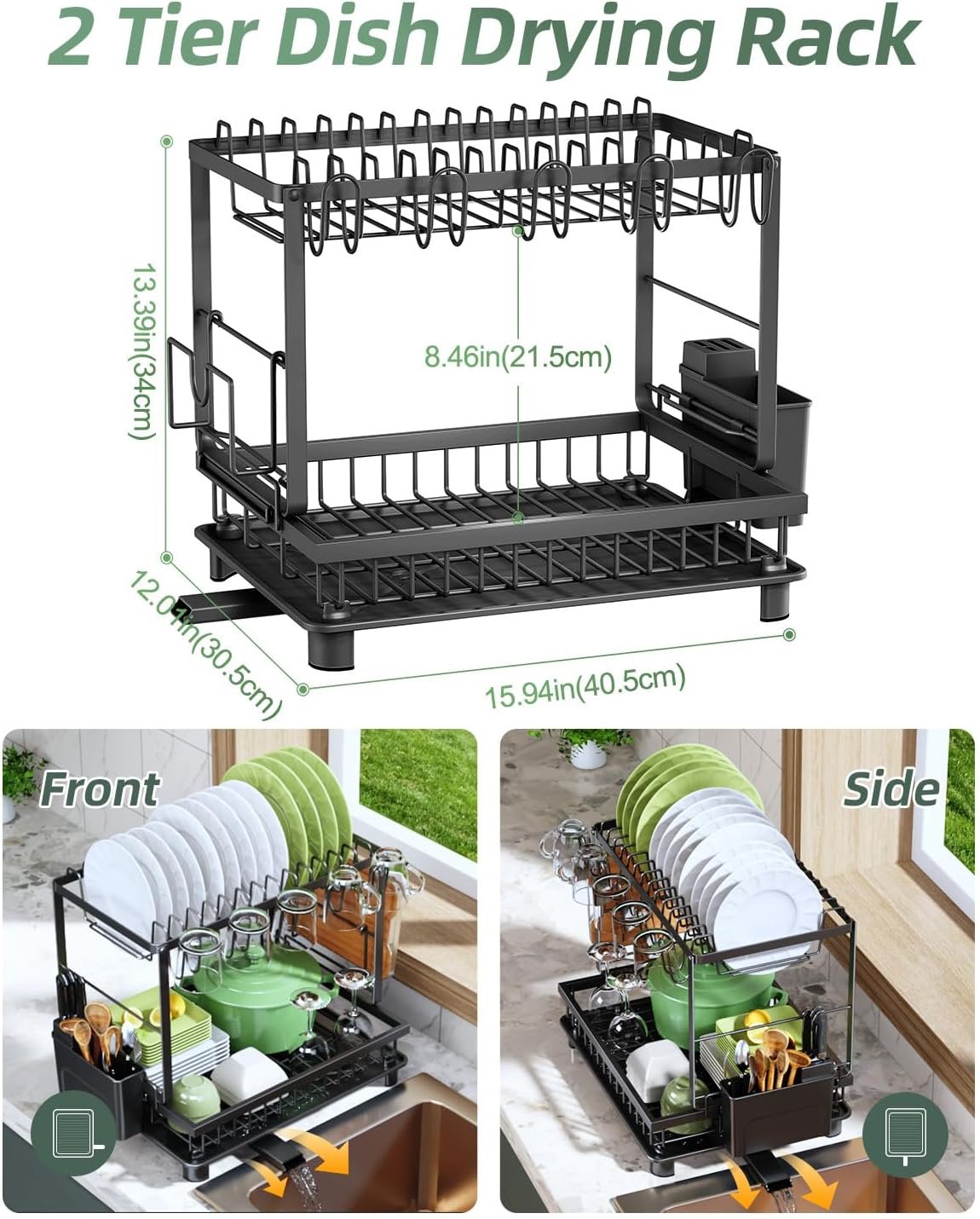 Black 2-tier dish rack displayed on a kitchen counter with cabinets and stove visible in the background
