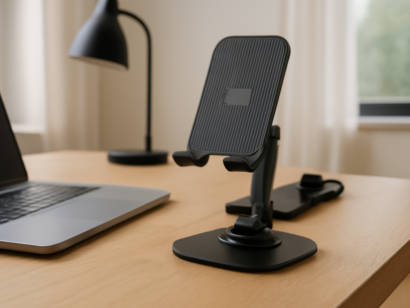 K69-Black phone stand on home office desk next to laptop and lamp in real room setting