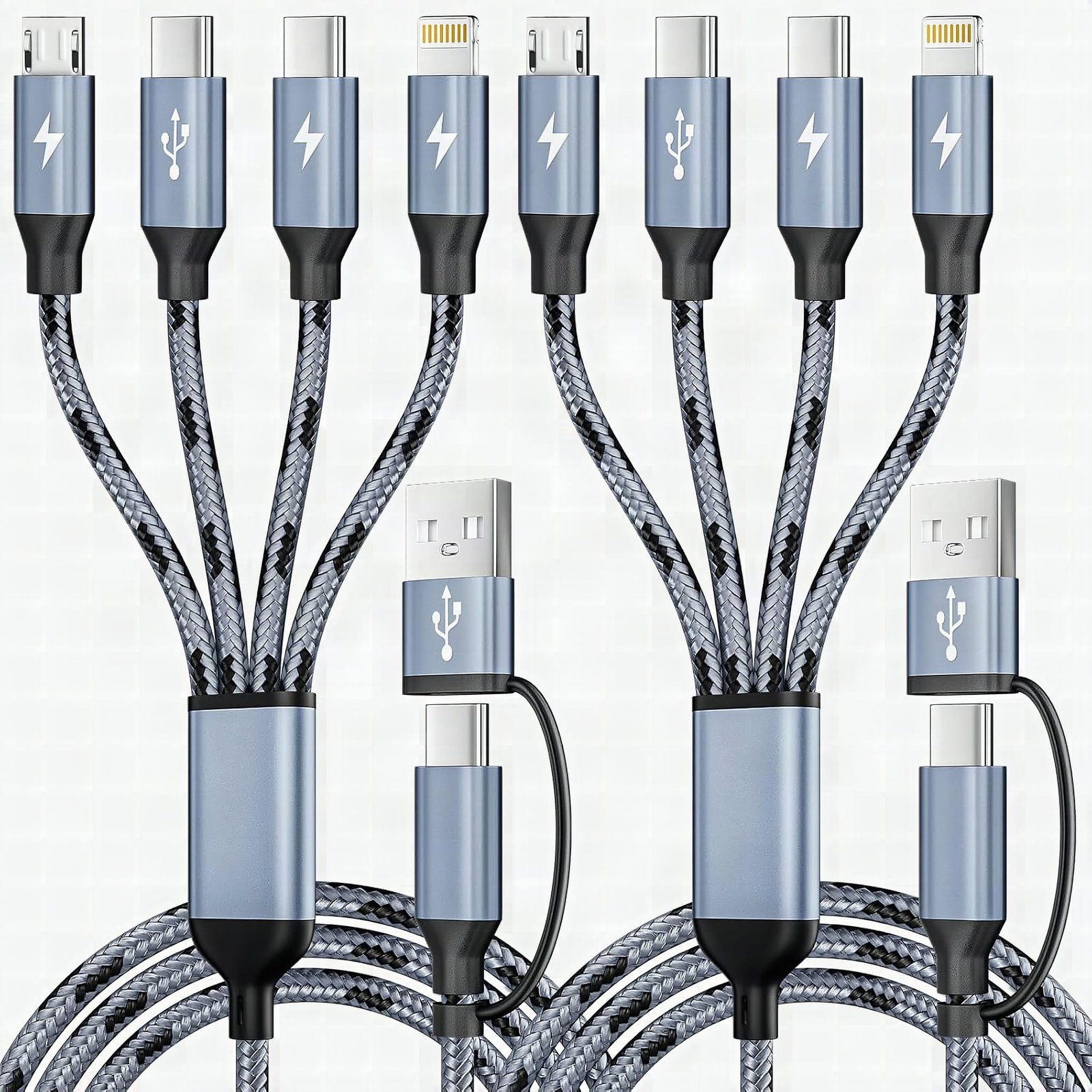 Extreme close-up of the 4-in-2 multi charging cable's USB-C and micro-USB connector tips with shallow depth of field