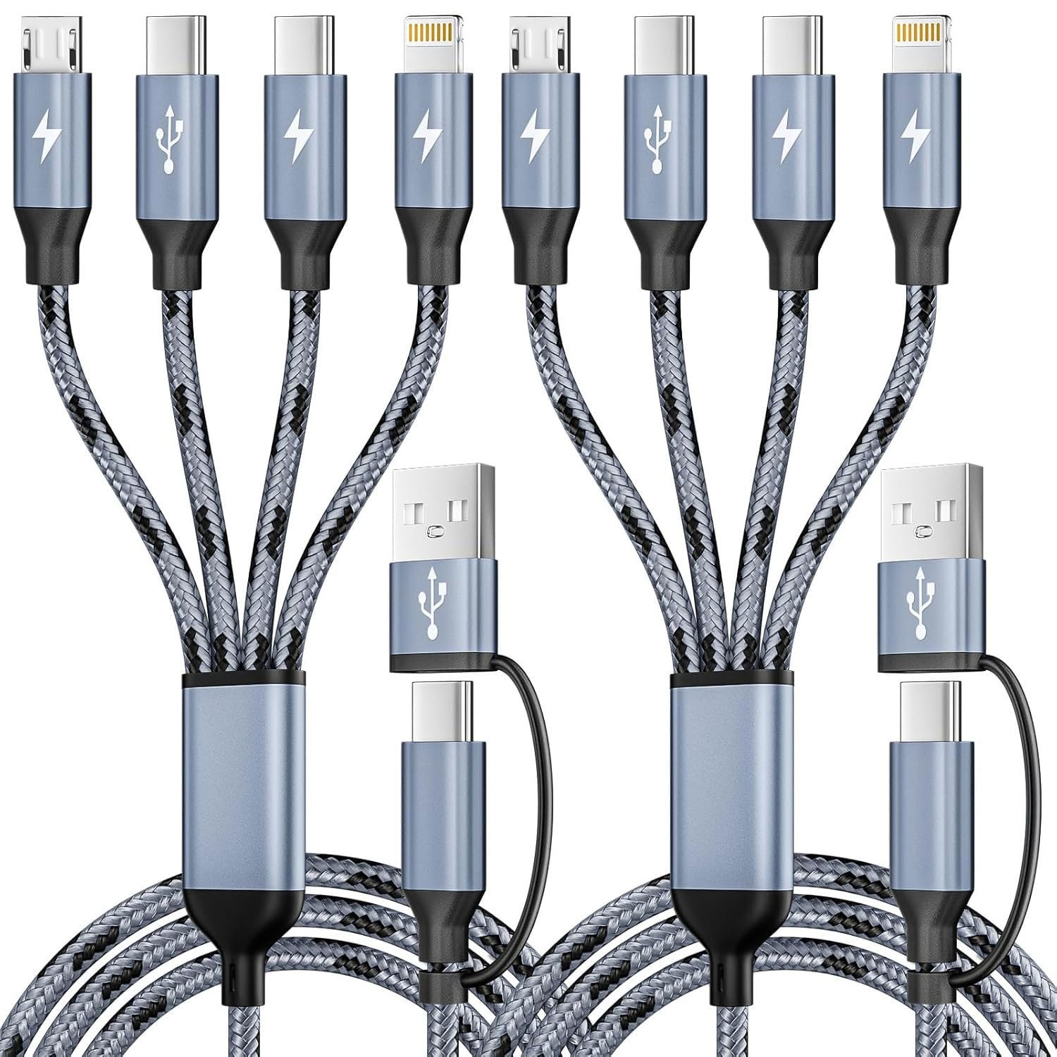 4-in-2 multi charging cable coiled on a home office desk with laptop and phone nearby, natural daylight