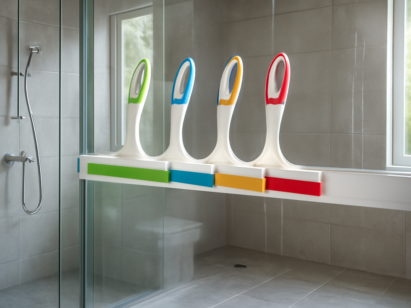 Four ALPENKOK squeegees mounted on a glass shower door in a bright, tiled bathroom
