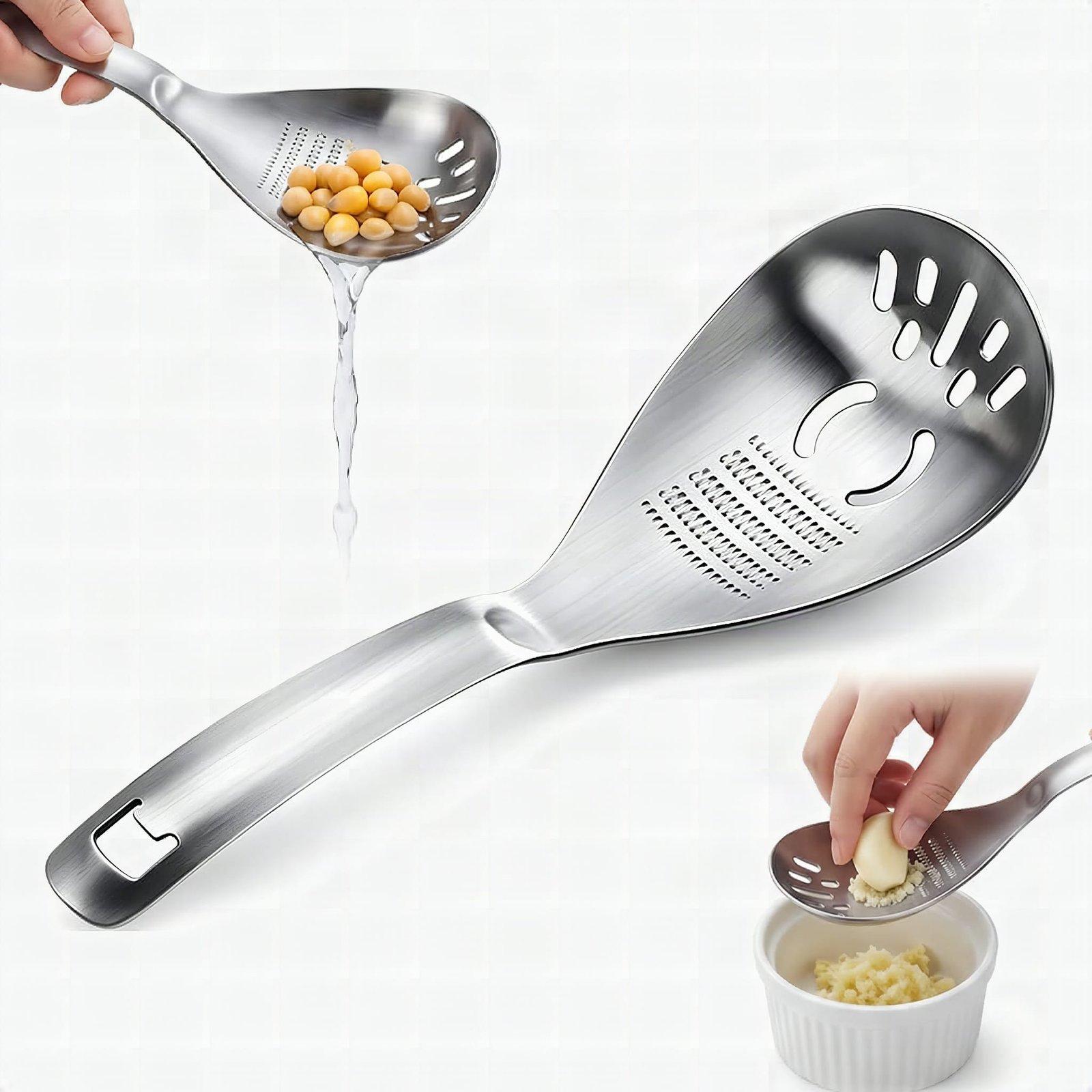 Macro close-up of a stainless steel 5-in-1 cooking spoon showing polished metal surface detail and multiple utensil edges