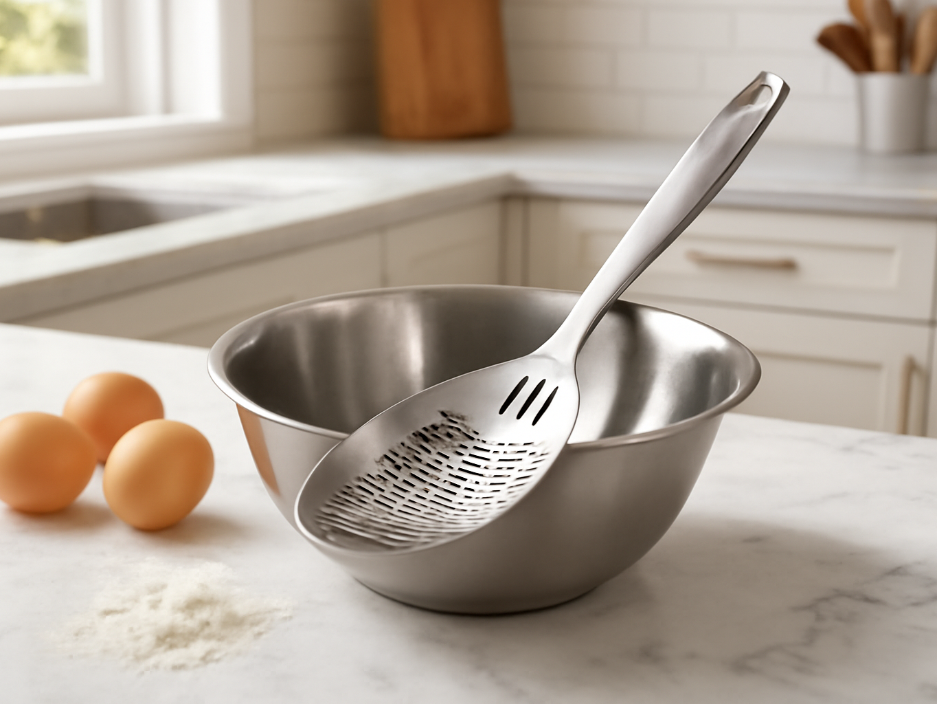 5-in-1 cooking spoon in a mixing bowl on a marble kitchen counter with eggs and baking ingredients nearby