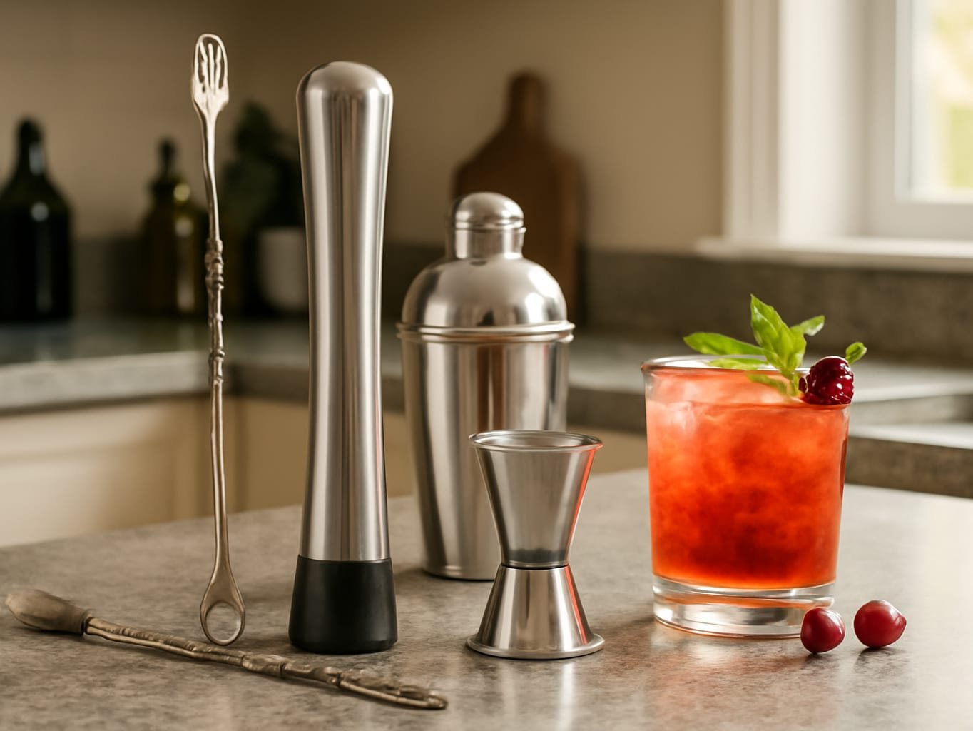 Cocktail bar tools including mixing spoon and jigger arranged on a granite kitchen counter with fresh ingredients