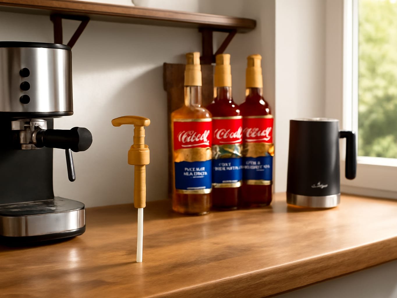 Alpenkok syrup pump displayed on a home coffee station shelf with bottles and espresso equipment