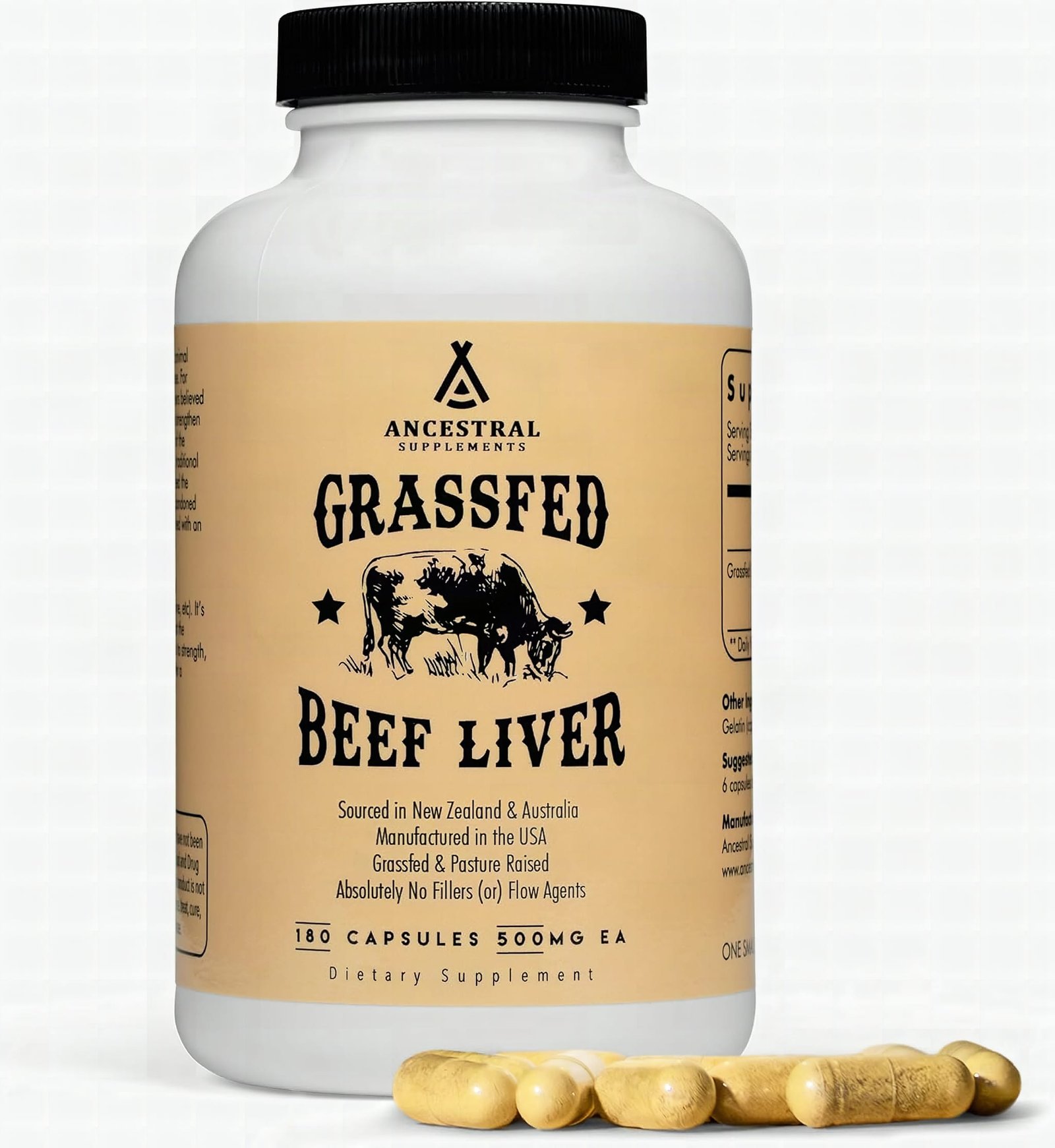 Macro close-up of beef liver capsules on dark slate with golden lighting and selective focus