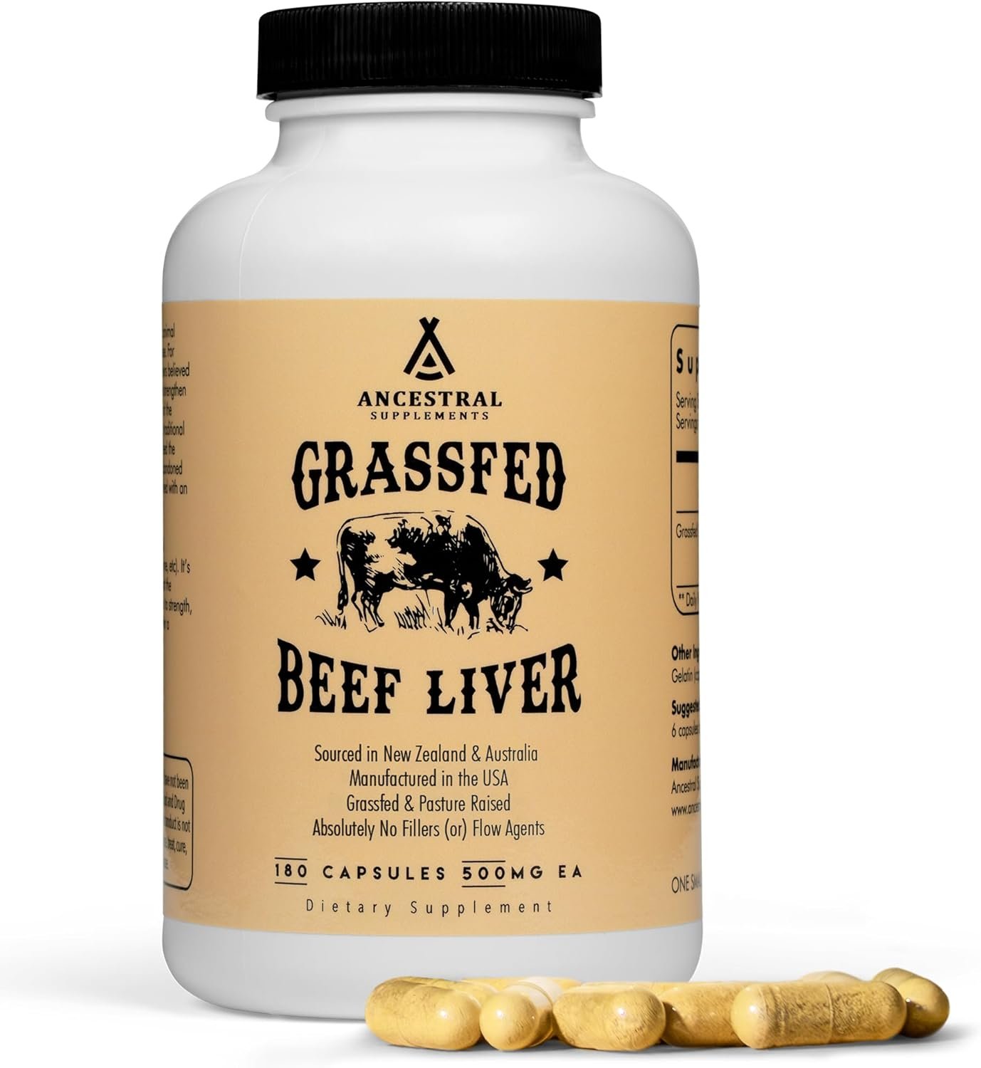 Beef liver supplement bottle on a kitchen counter with fresh produce and morning sunlight