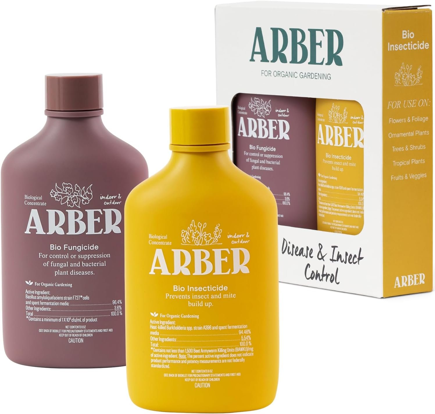 Arber spray bottles on a side table in a bright living room filled with potted indoor plants and gardening tools