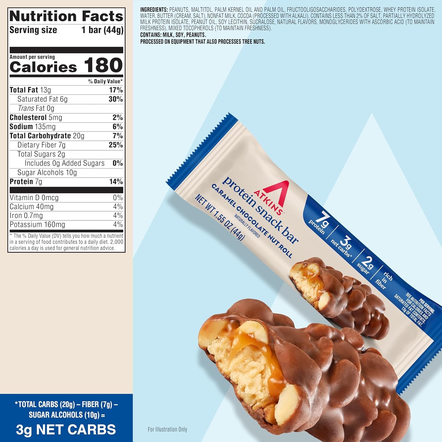 Atkins Caramel Chocolate Nut Roll positioned on a kitchen counter with milk and nuts nearby, natural morning light