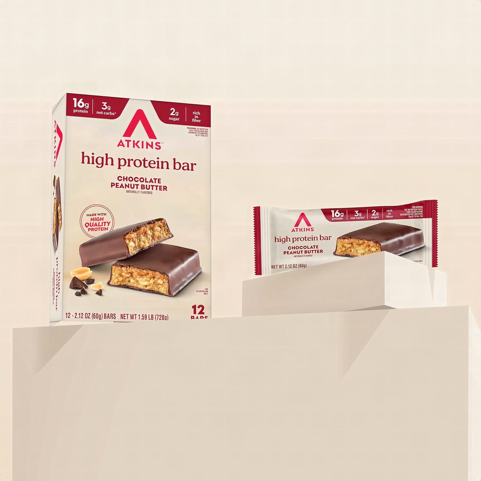Macro close-up of an unwrapped Atkins Chocolate Peanut Butter bar showing chocolate coating and peanut butter layers
