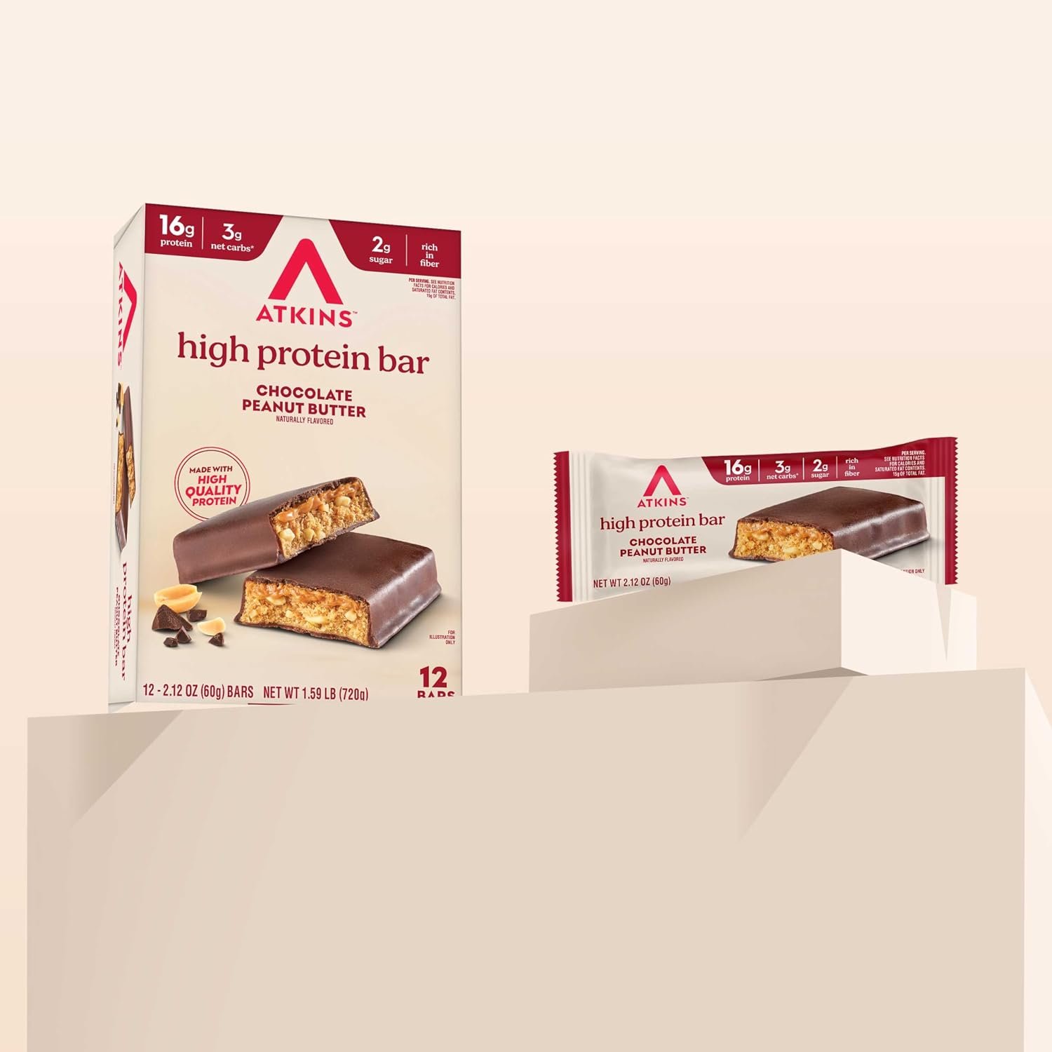 Atkins Chocolate Peanut Butter bar sitting on a kitchen counter next to coffee and reading materials in morning light