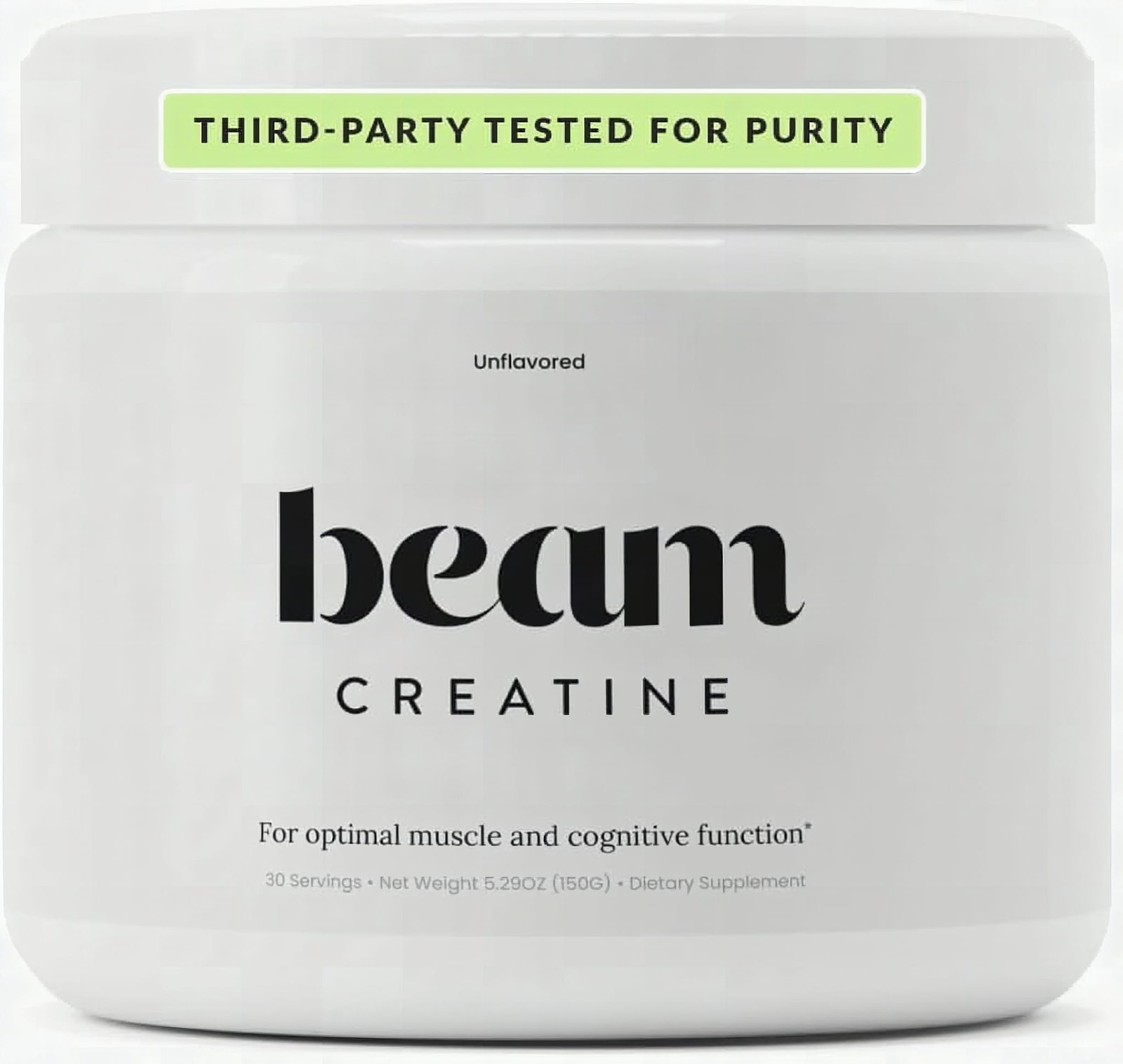 Macro close-up of BEAM Creatine Monohydrate powder crystals showing fine micronized texture