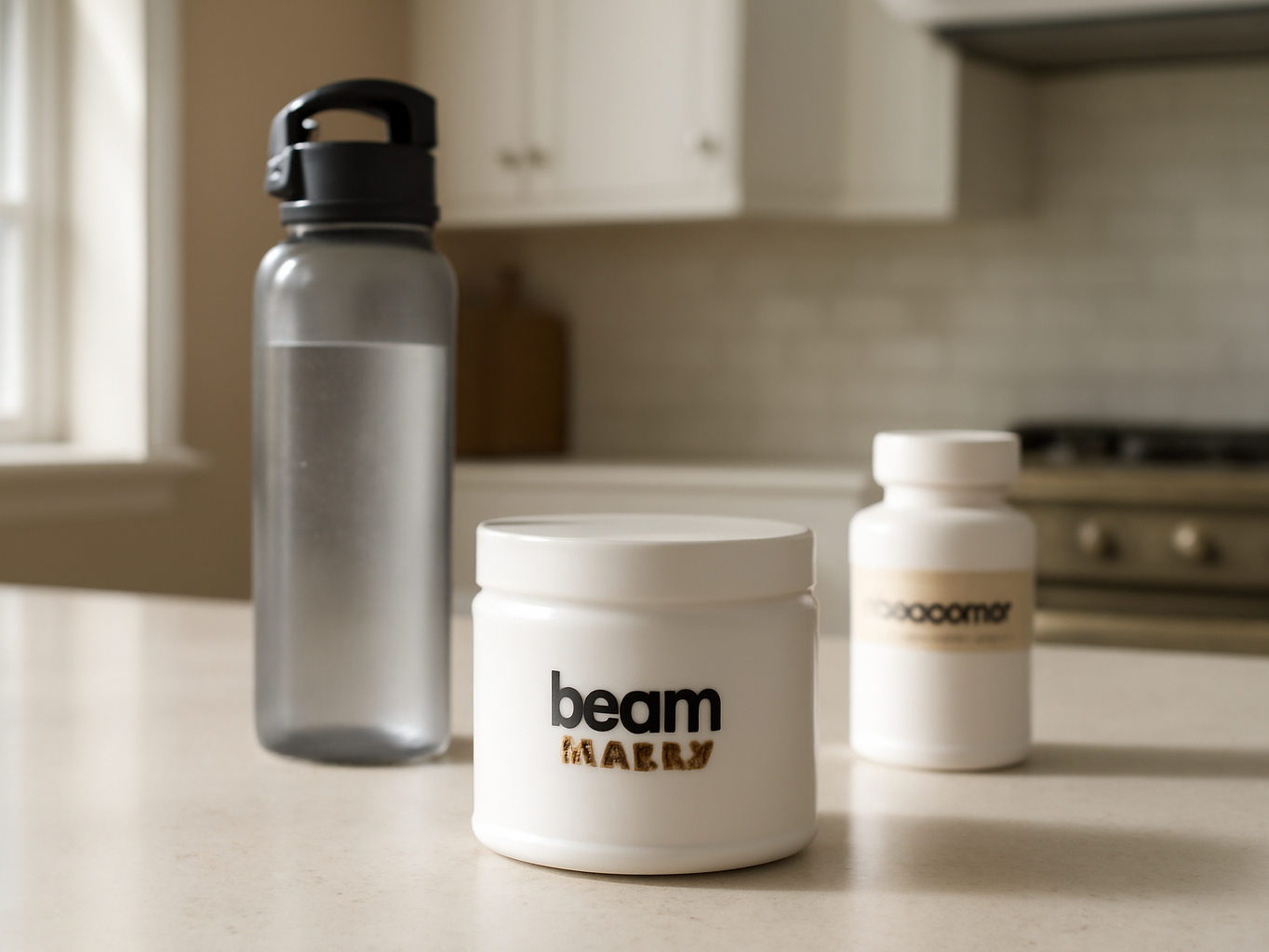 BEAM Creatine Monohydrate on a kitchen counter near water bottle and electrolyte supplements in natural daylight
