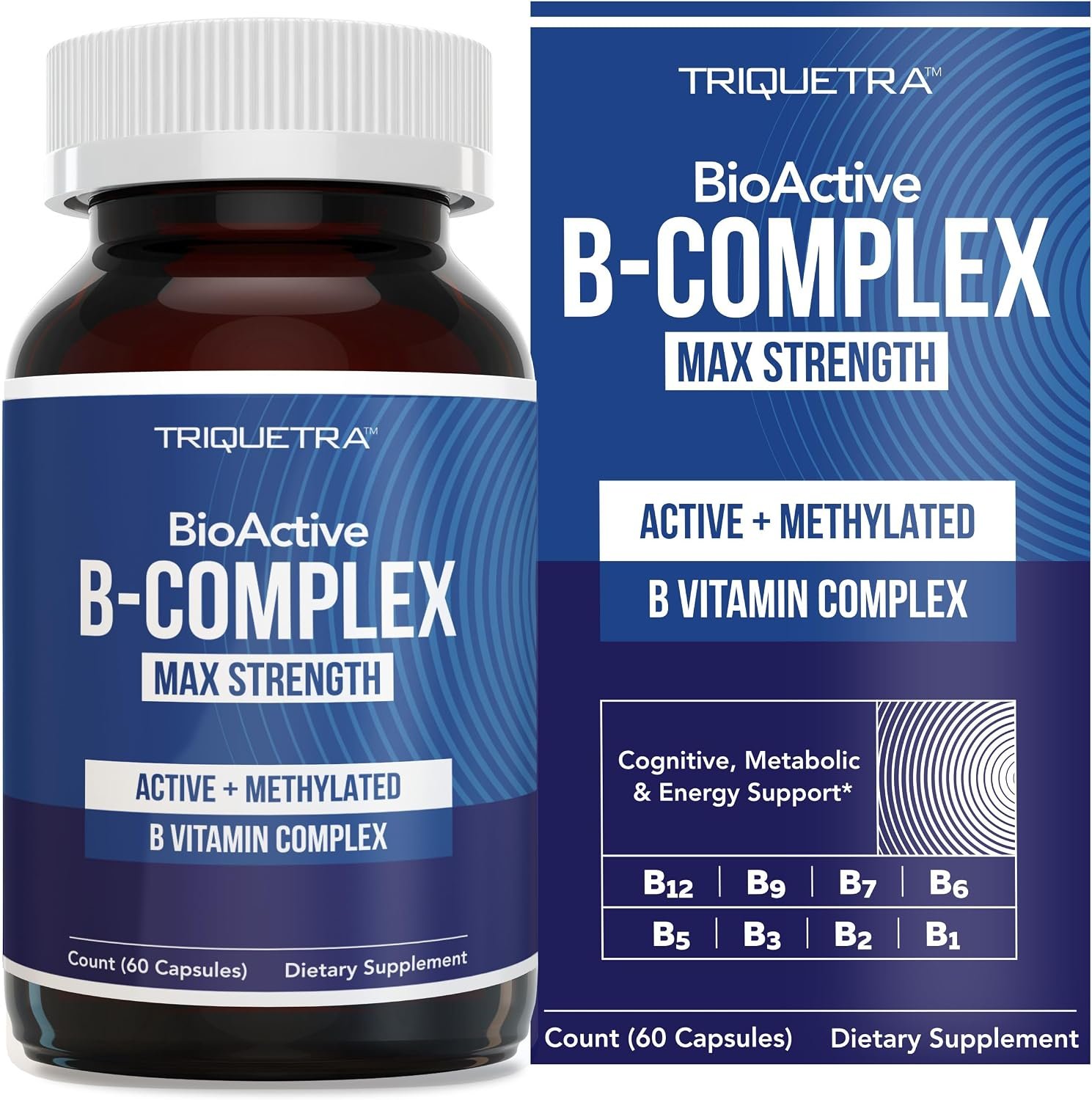 BioActive B Complex bottle on kitchen counter with vegetables and water glass, wide ambient setting