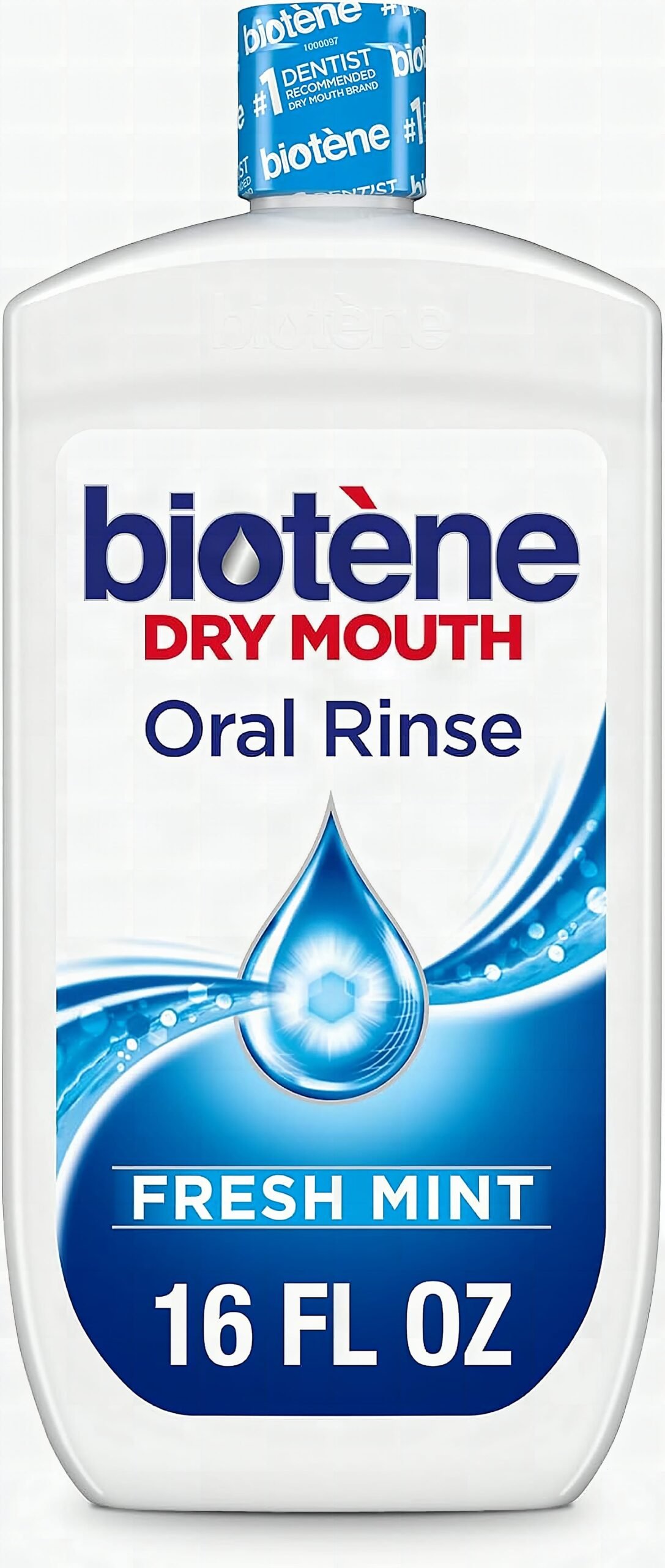 Biotene mouthwash bottle in extreme close-up, showing fresh mint liquid and label detail
