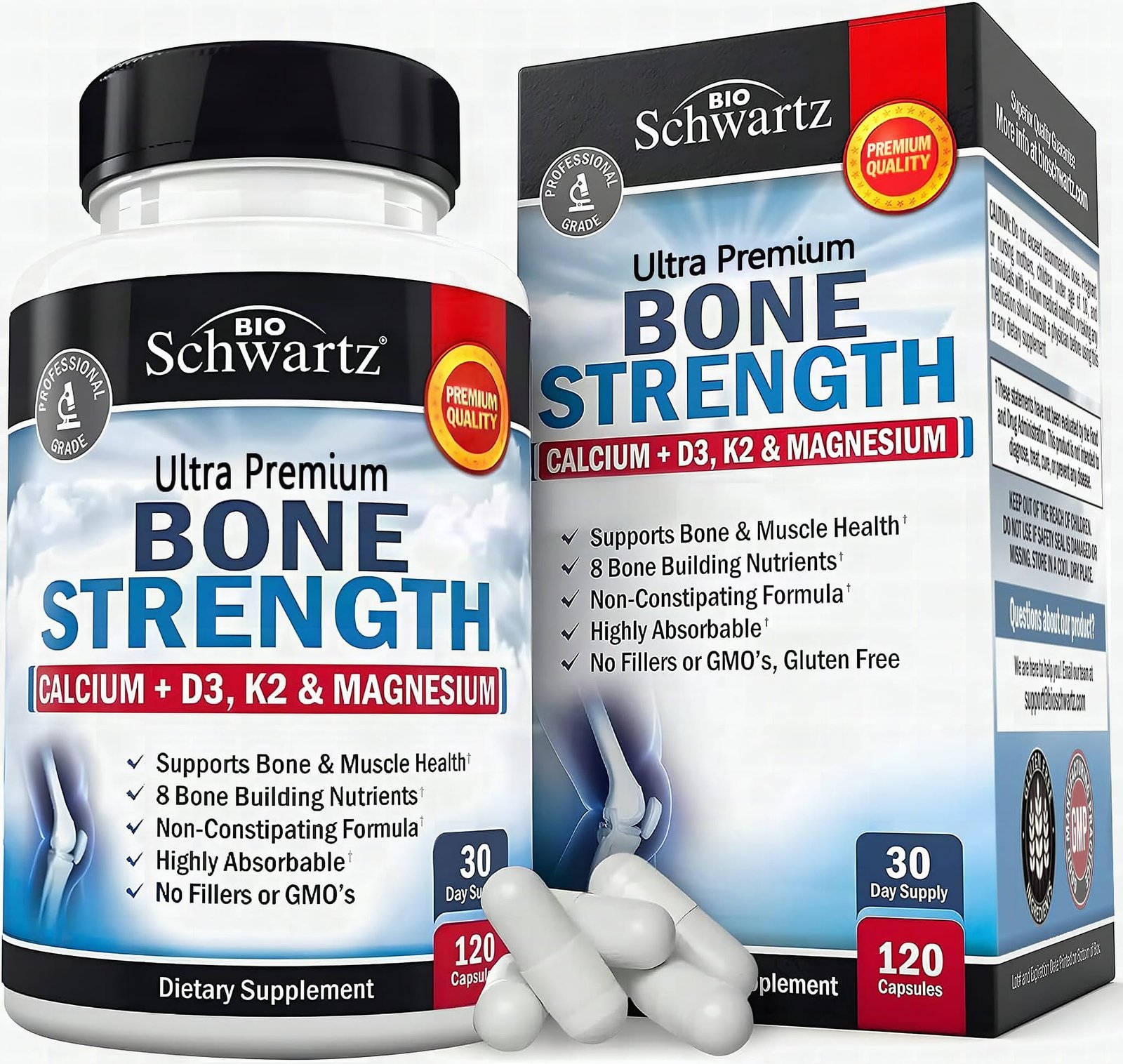Macro close-up of a single bone strength supplement capsule with sharp detail and soft background blur