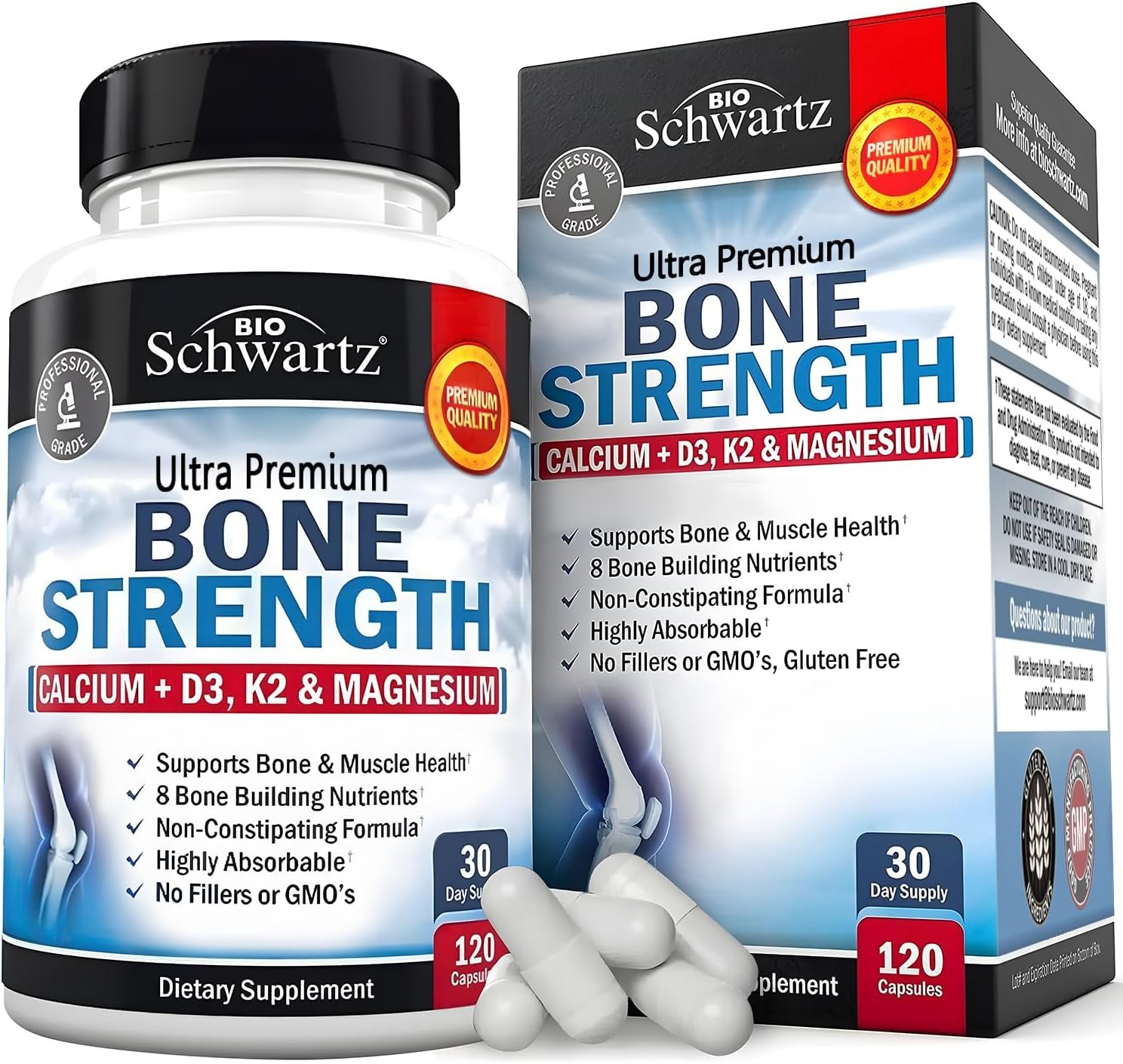 Bone strength supplement bottle on a sunlit windowsill with water glass and reading glasses in a bedroom setting