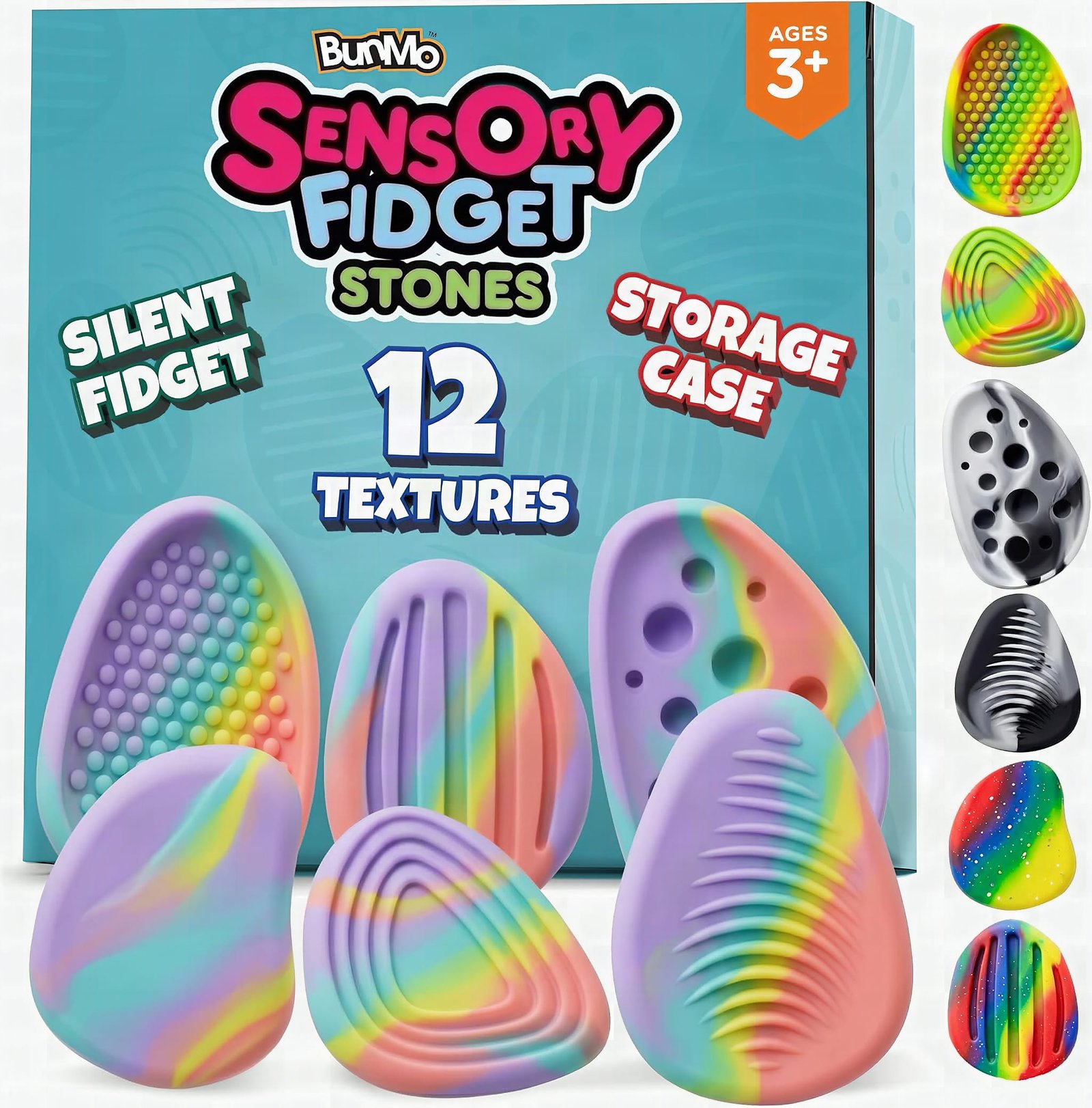 Six pastel fidget stones in extreme close-up, each showing unique raised textured patterns on silicone surfaces