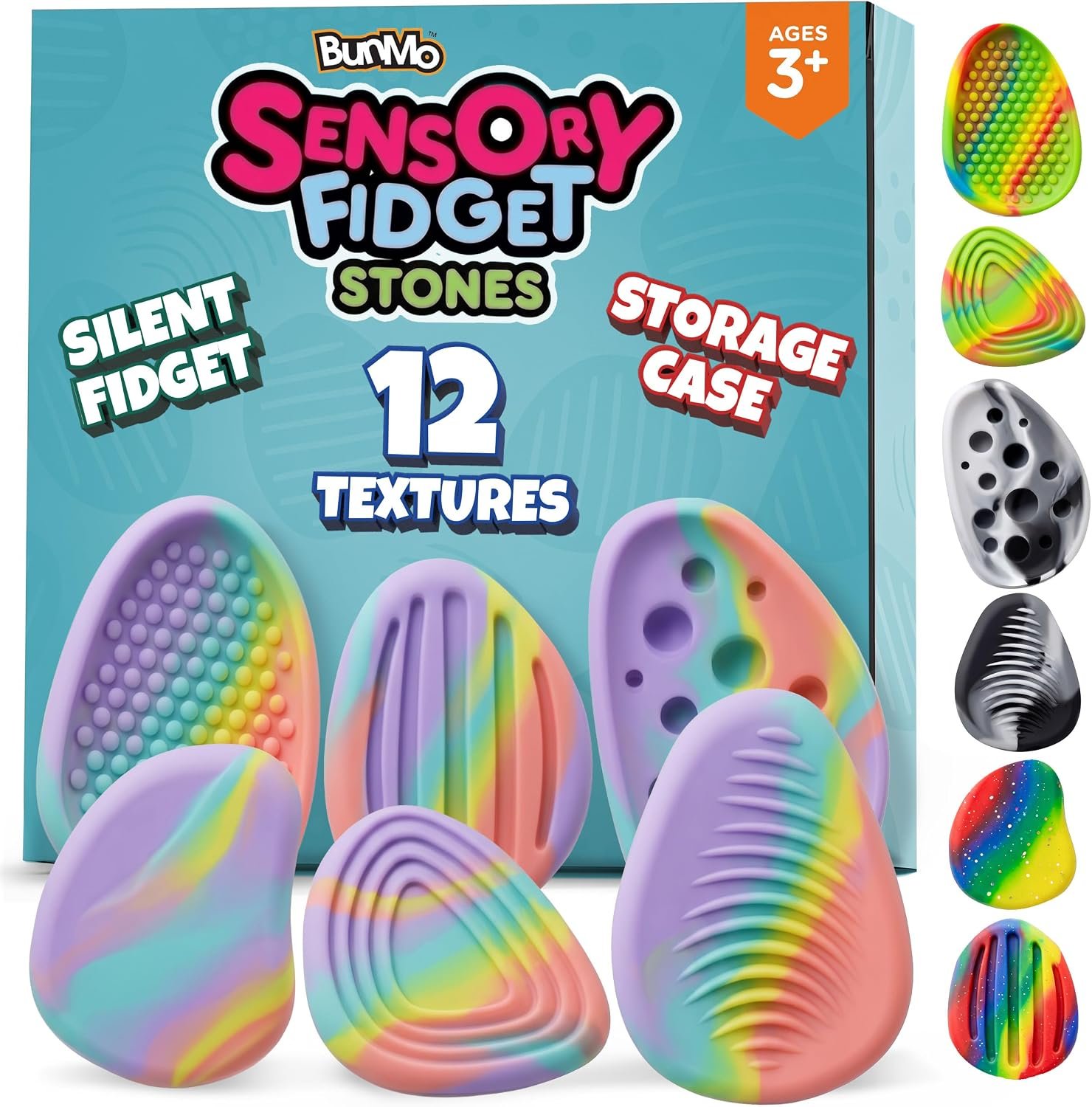 Two pastel fidget stones on a child's bedroom rug surrounded by toys and natural light