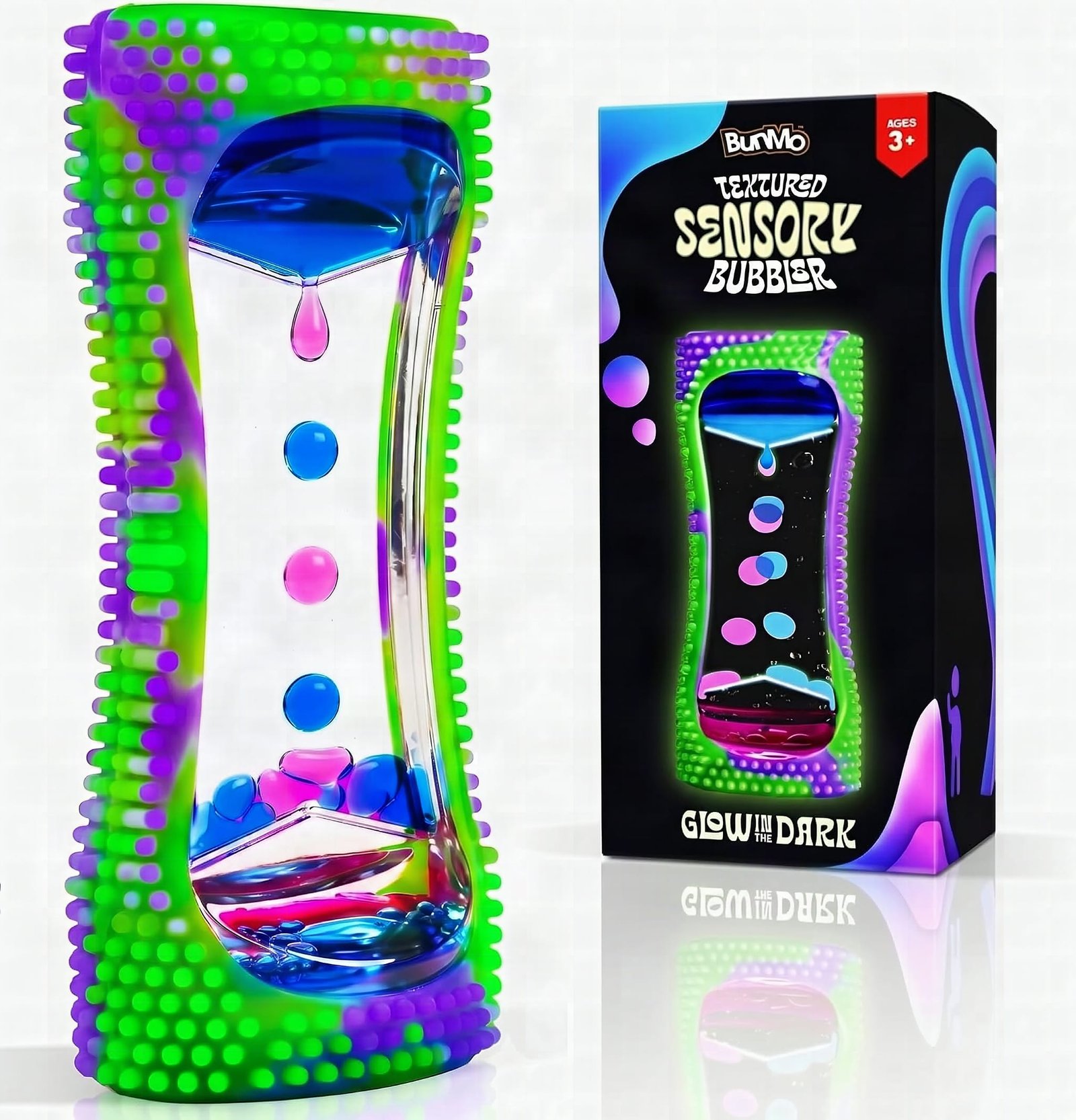 BUNMO Liquid Motion Bubbler in extreme close-up showing glowing neon bubbles suspended inside the clear chamber