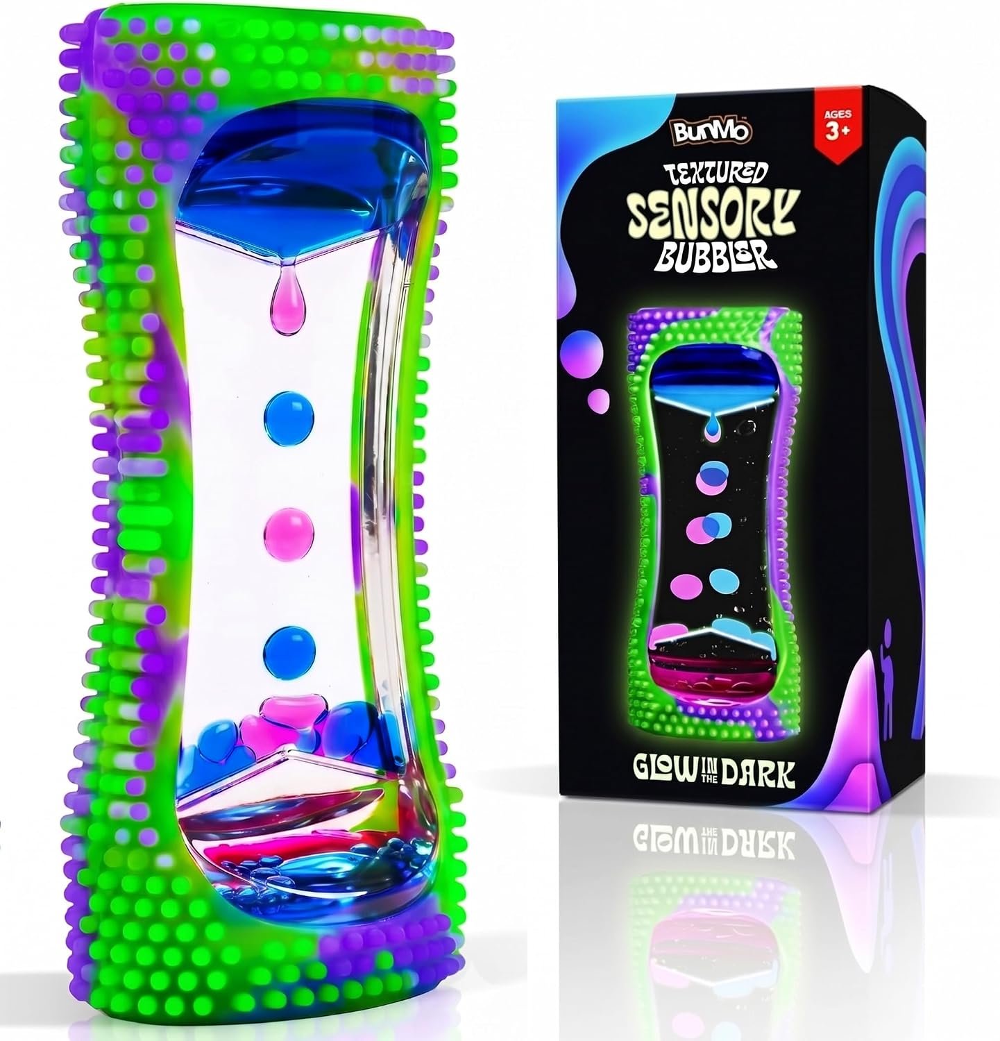 BUNMO bubble fidget toy placed on a home office desk next to workspace items in afternoon light