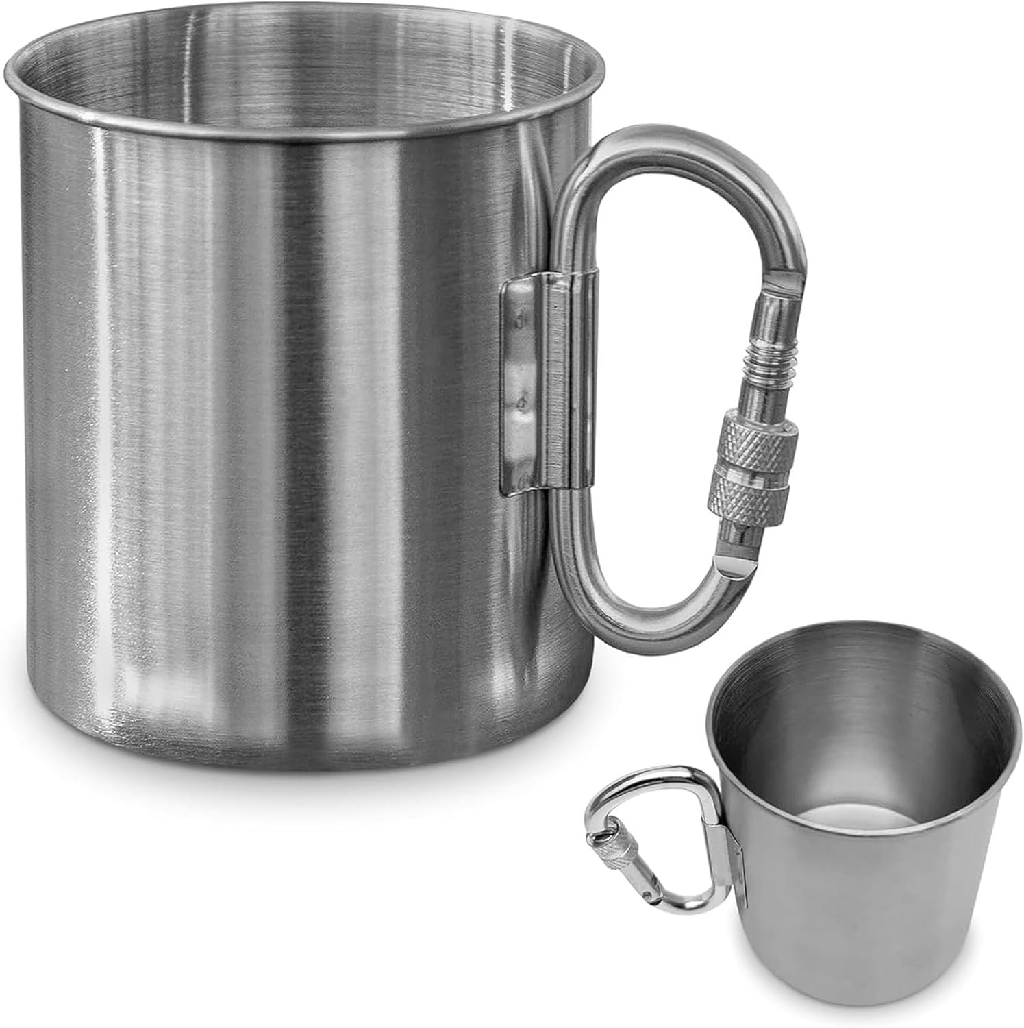 Macro close-up of stainless steel camping mug's carabiner clip and rim with warm lighting