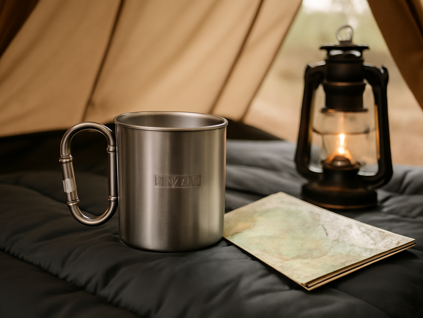 Stainless steel camping mug placed inside a tent on a sleeping bag with outdoor gear nearby