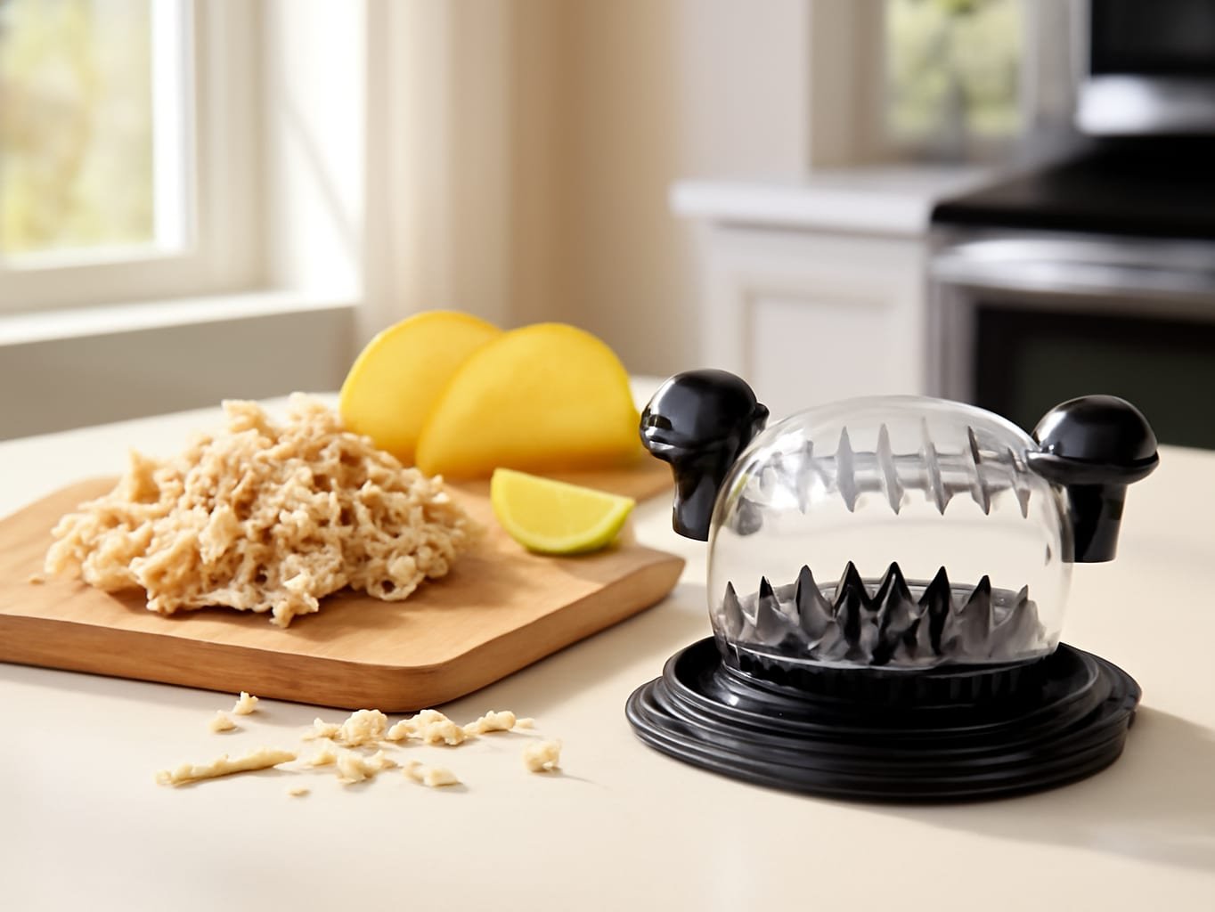 Chicken shredder on kitchen counter surrounded by shredded chicken, taco shells, and lime, taco prep scene