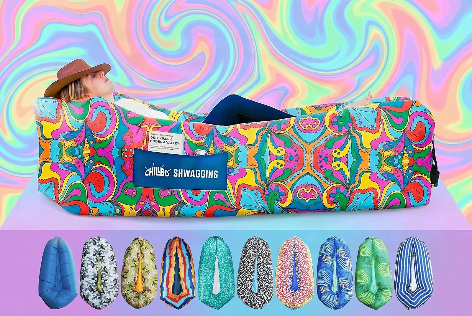 Close-up of Chillbo inflatable lounger showing fabric weave, stitched seams, and air valve detail