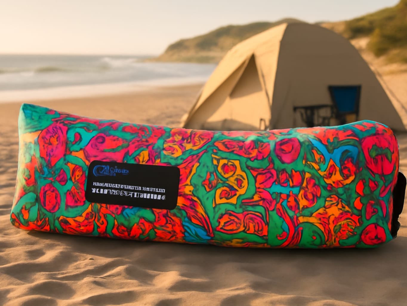 Inflated Chillbo couch set up on a beach campsite surrounded by tent and outdoor equipment