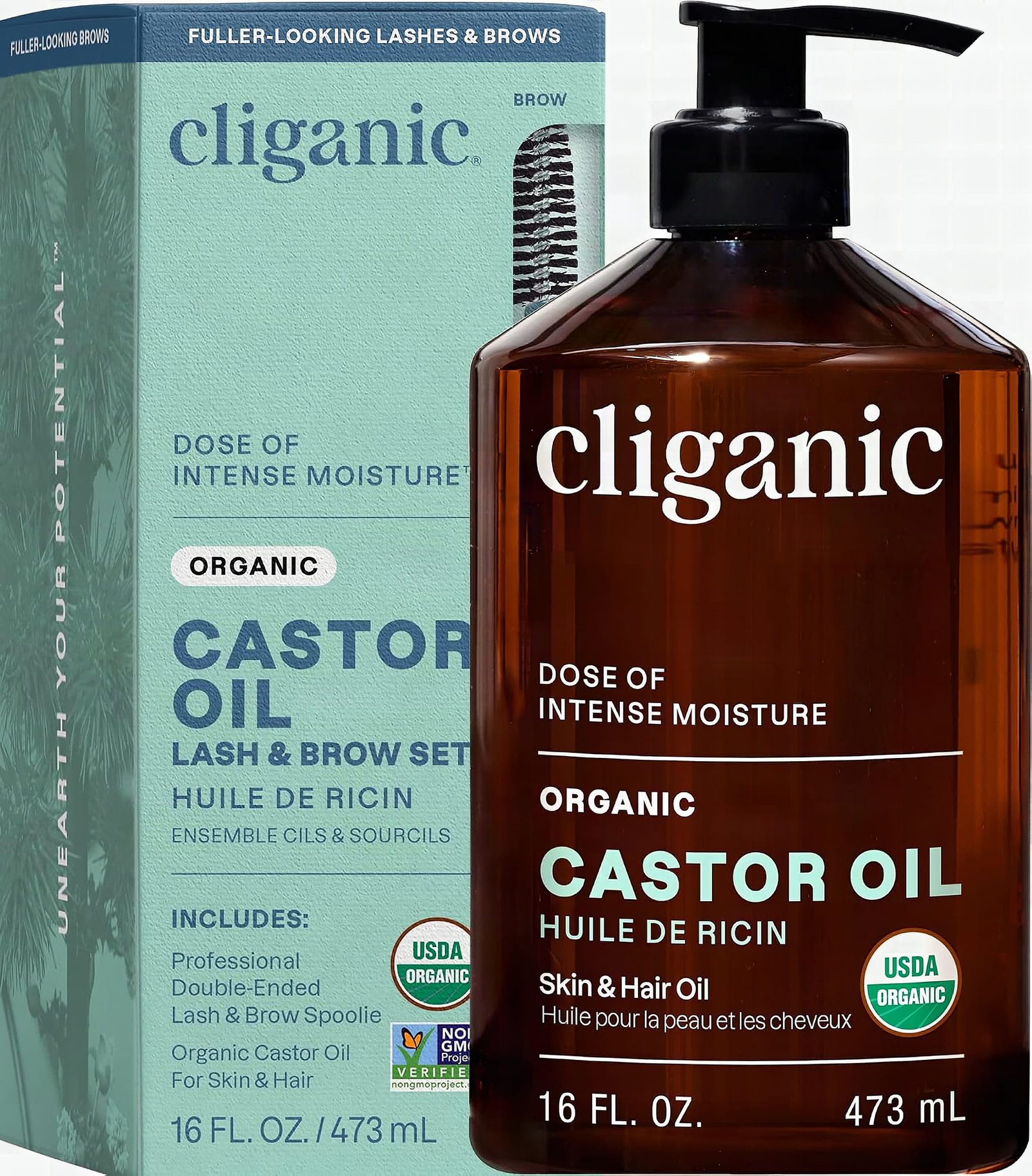 Macro close-up of amber Cliganic Castor Oil bottle with golden liquid visible through glass