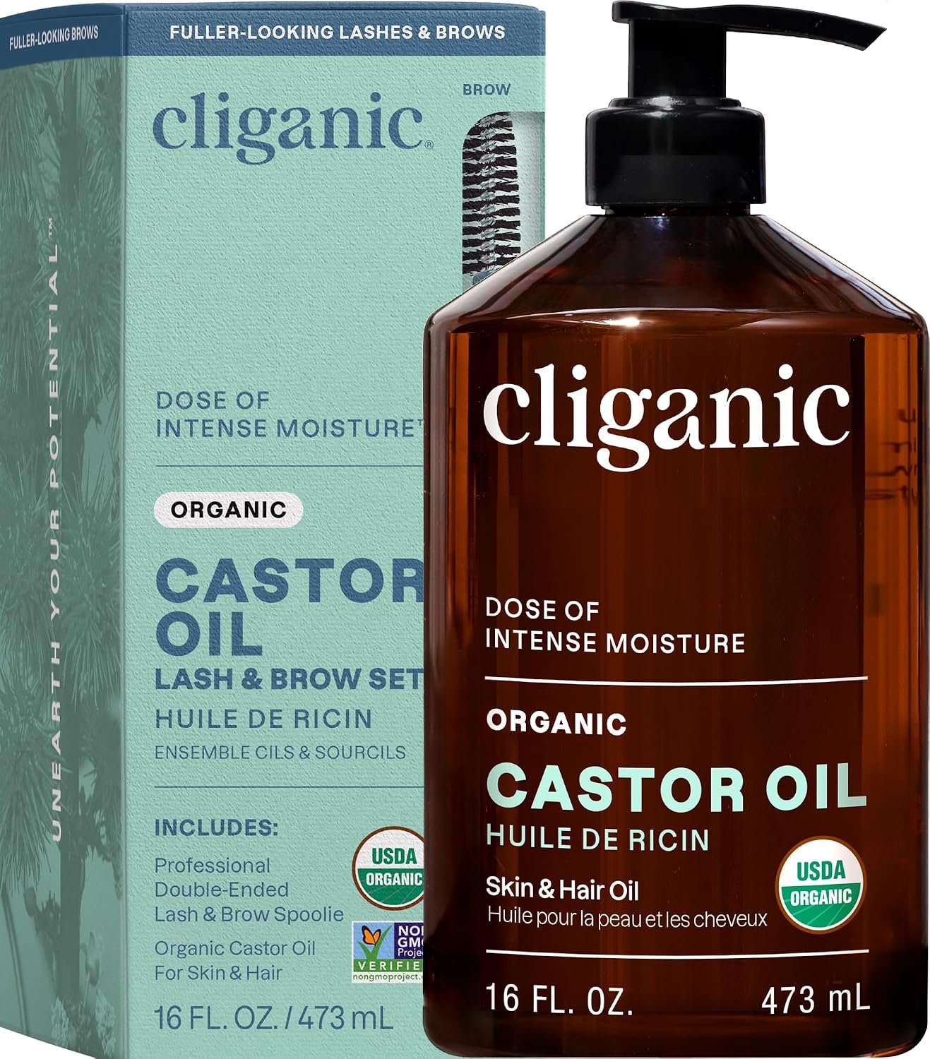 Castor oil bottle displayed on a bathroom vanity shelf surrounded by grooming and skincare accessories
